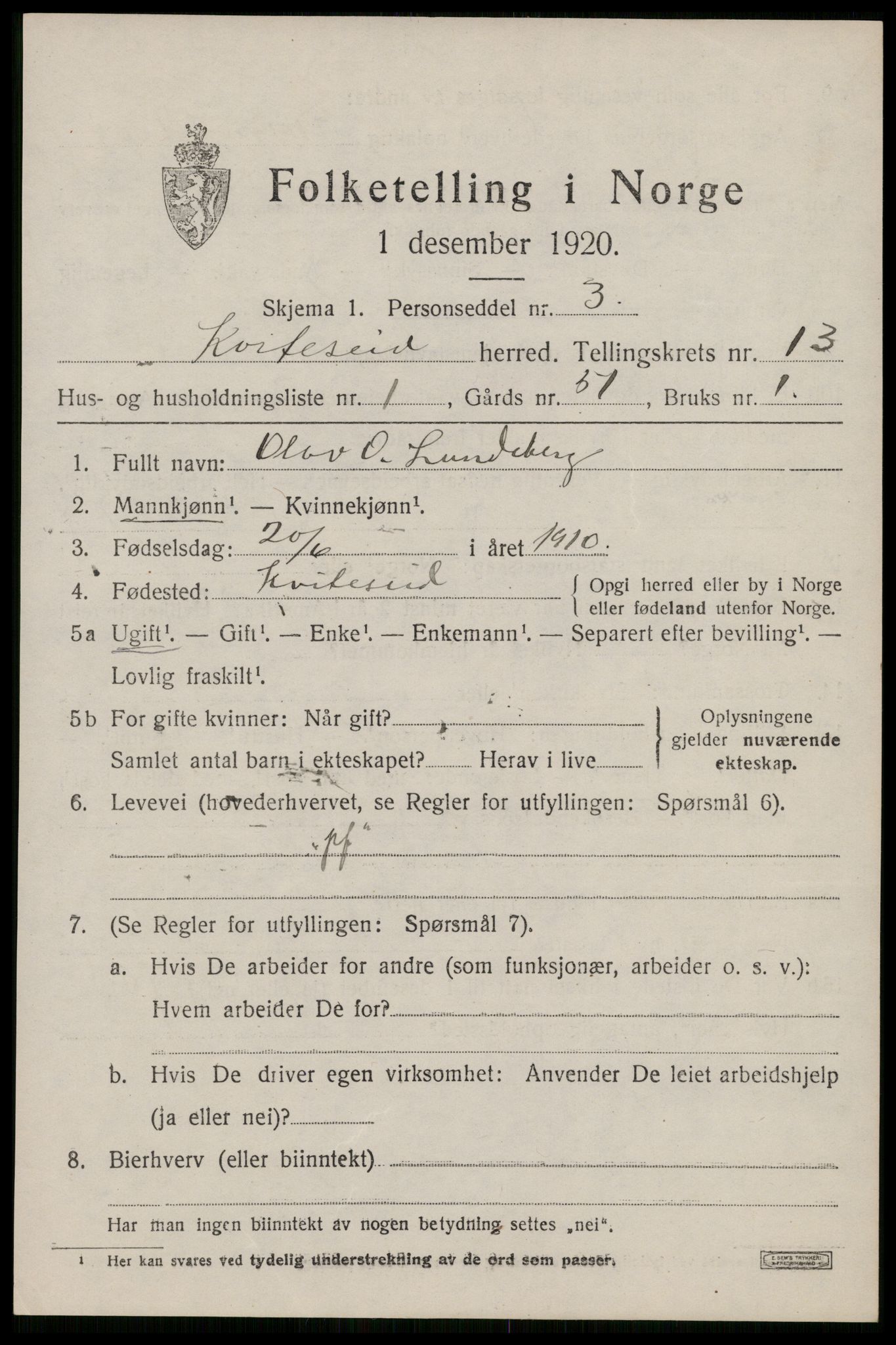 SAKO, 1920 census for Kviteseid, 1920, p. 6207