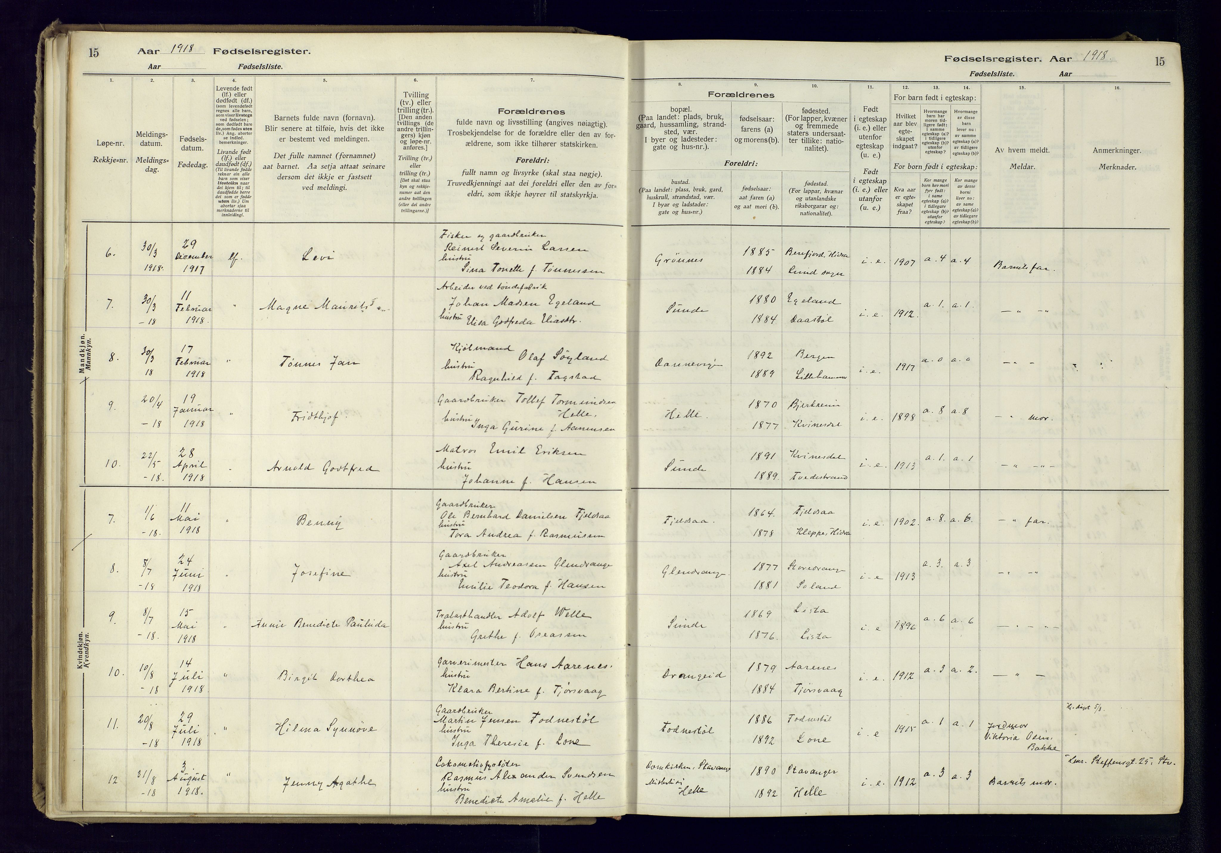 Flekkefjord sokneprestkontor, AV/SAK-1111-0012/J/Ja/L0005: Birth register no. 5, 1916-1950, p. 15