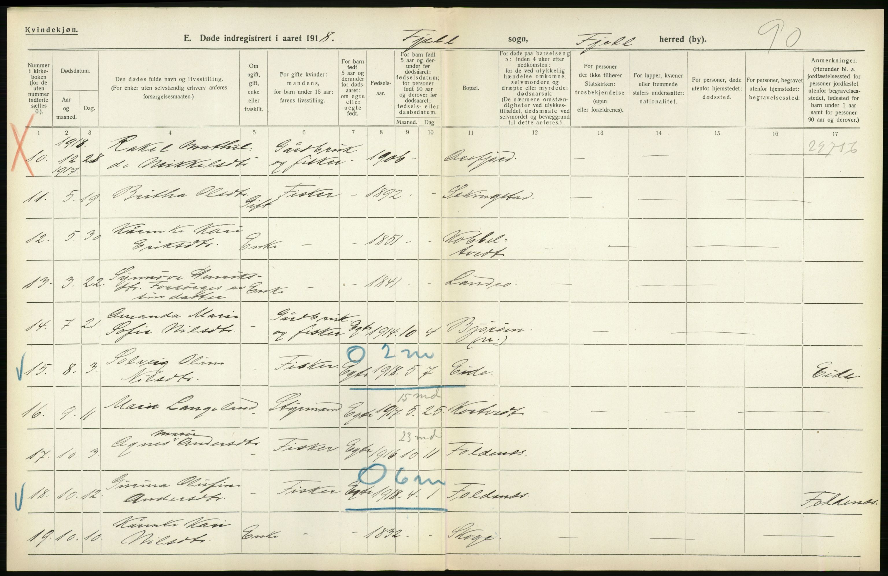 Statistisk sentralbyrå, Sosiodemografiske emner, Befolkning, AV/RA-S-2228/D/Df/Dfb/Dfbh/L0036: Hordaland fylke: Døde., 1918, p. 498