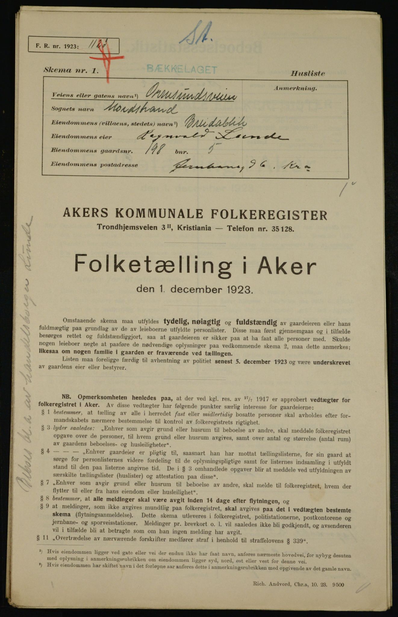 , Municipal Census 1923 for Aker, 1923, p. 43210