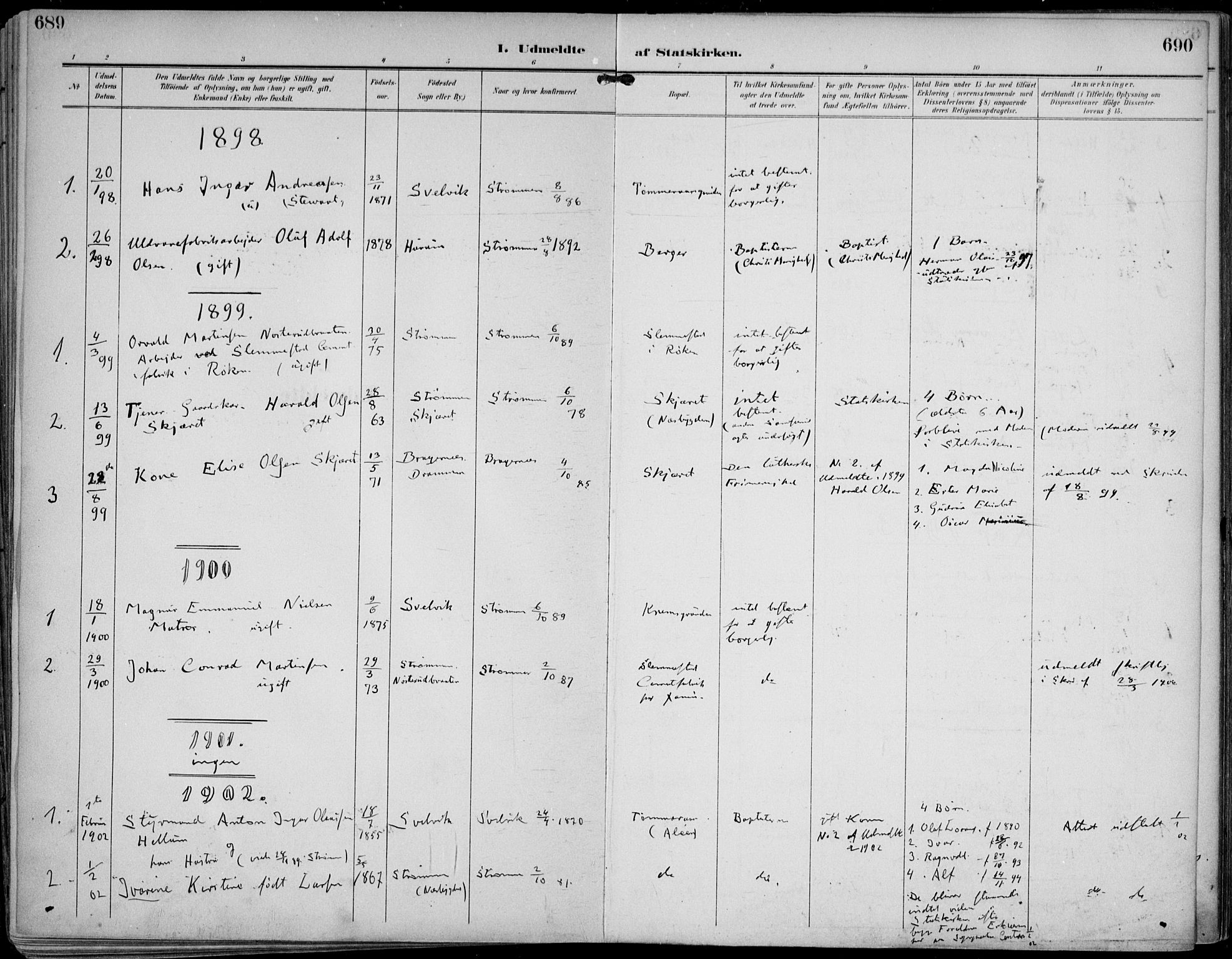 Strømm kirkebøker, AV/SAKO-A-322/F/Fa/L0005: Parish register (official) no. I 5, 1898-1919, p. 689-690