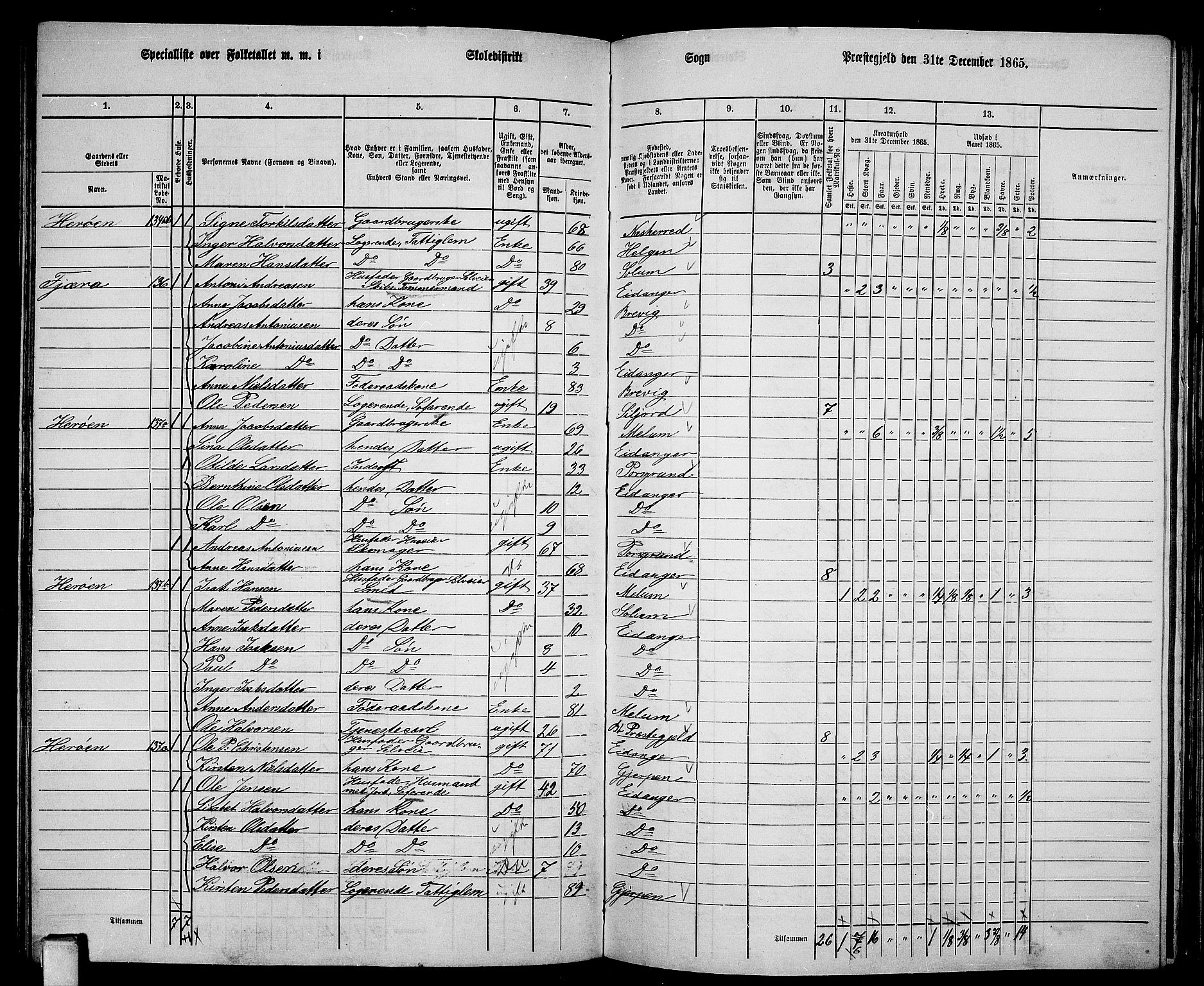 RA, 1865 census for Eidanger, 1865, p. 73