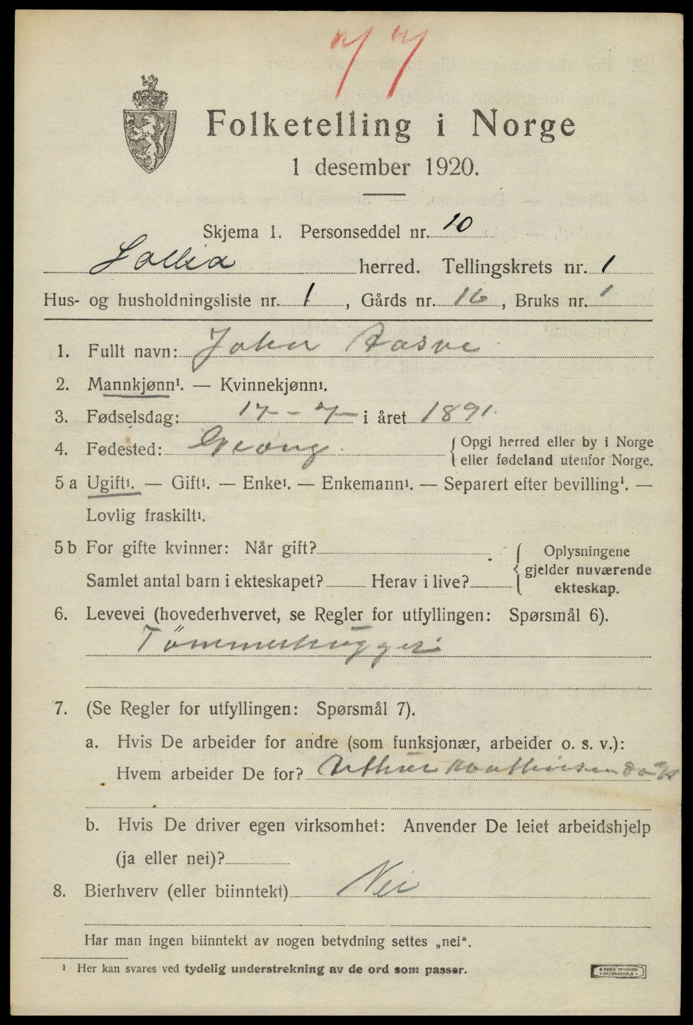 SAH, 1920 census for Sollia, 1920, p. 201