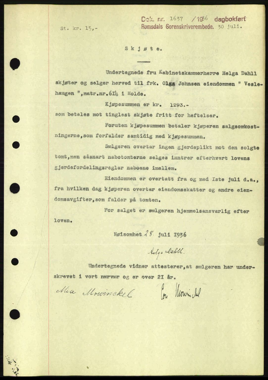 Romsdal sorenskriveri, AV/SAT-A-4149/1/2/2C: Mortgage book no. A1, 1936-1936, Diary no: : 1637/1936