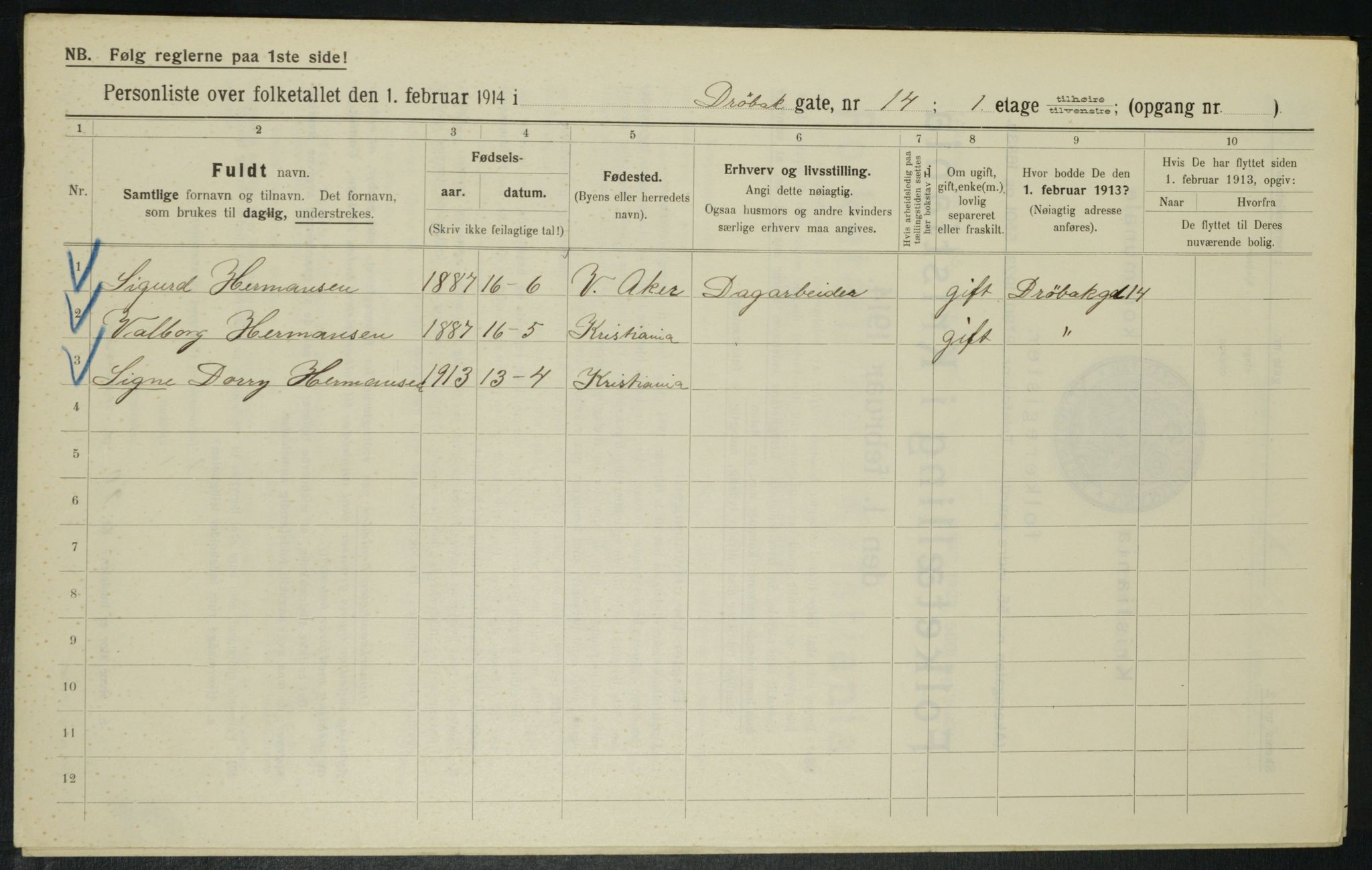 OBA, Municipal Census 1914 for Kristiania, 1914, p. 17612