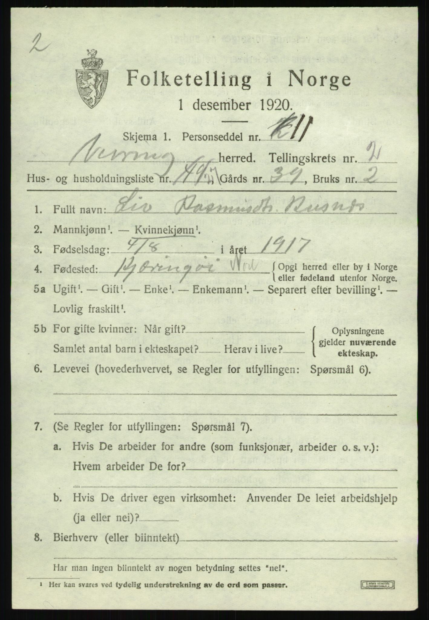 SAB, 1920 census for Vevring, 1920, p. 992