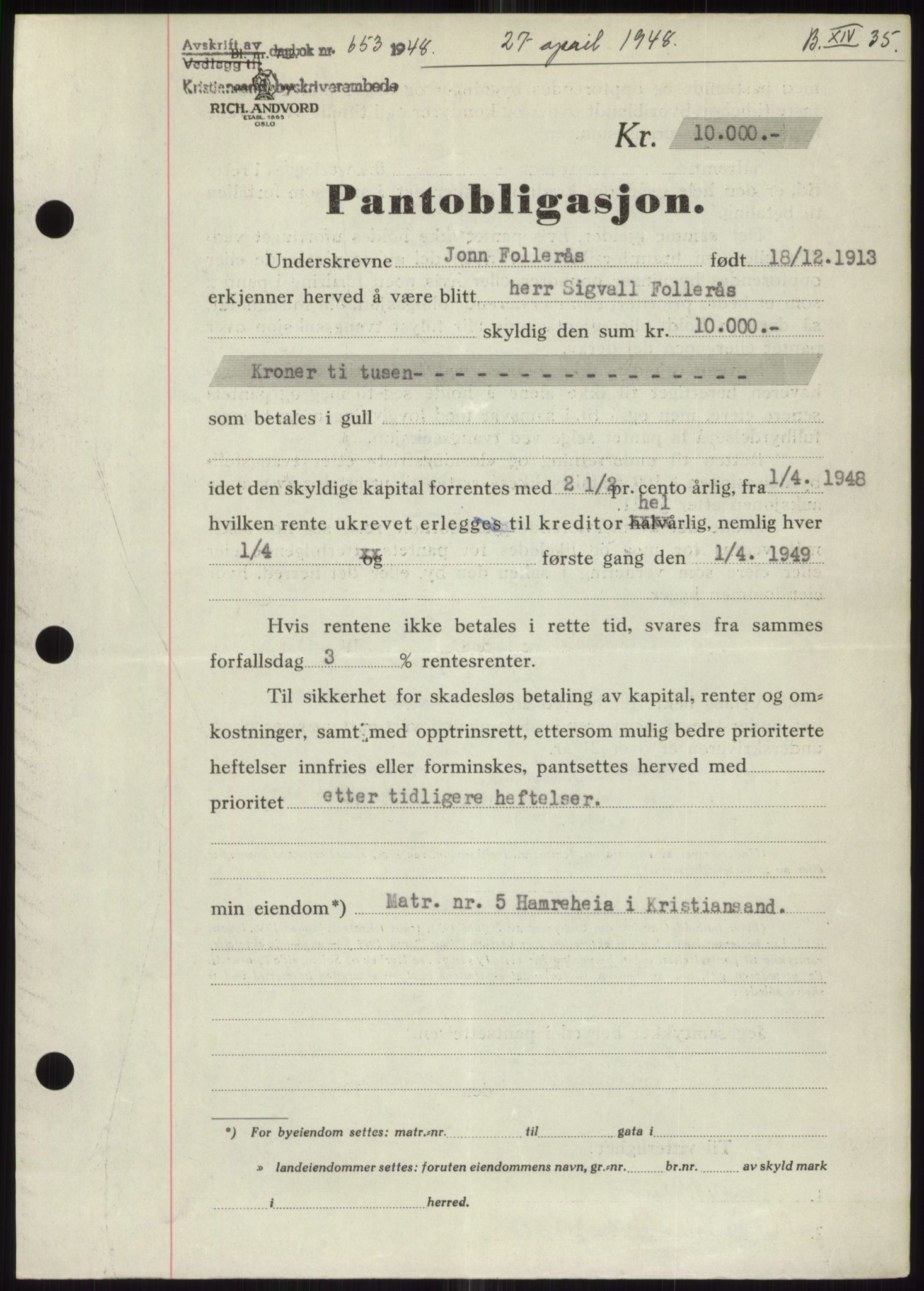 Kristiansand byrett, SAK/1223-0001/G/Gb/Gbb/L0011: Mortgage book no. B 14, 1948-1949, Diary no: : 653/1948