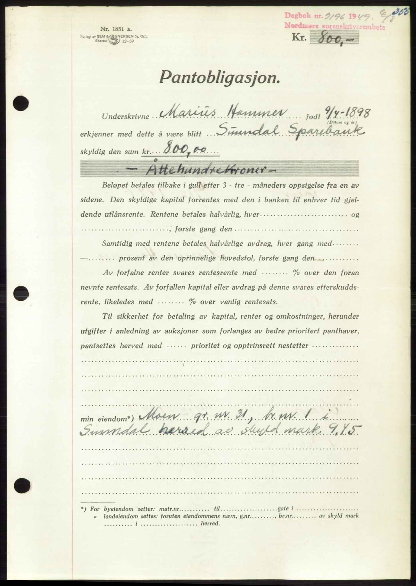 Nordmøre sorenskriveri, AV/SAT-A-4132/1/2/2Ca: Mortgage book no. B102, 1949-1949, Diary no: : 2196/1949