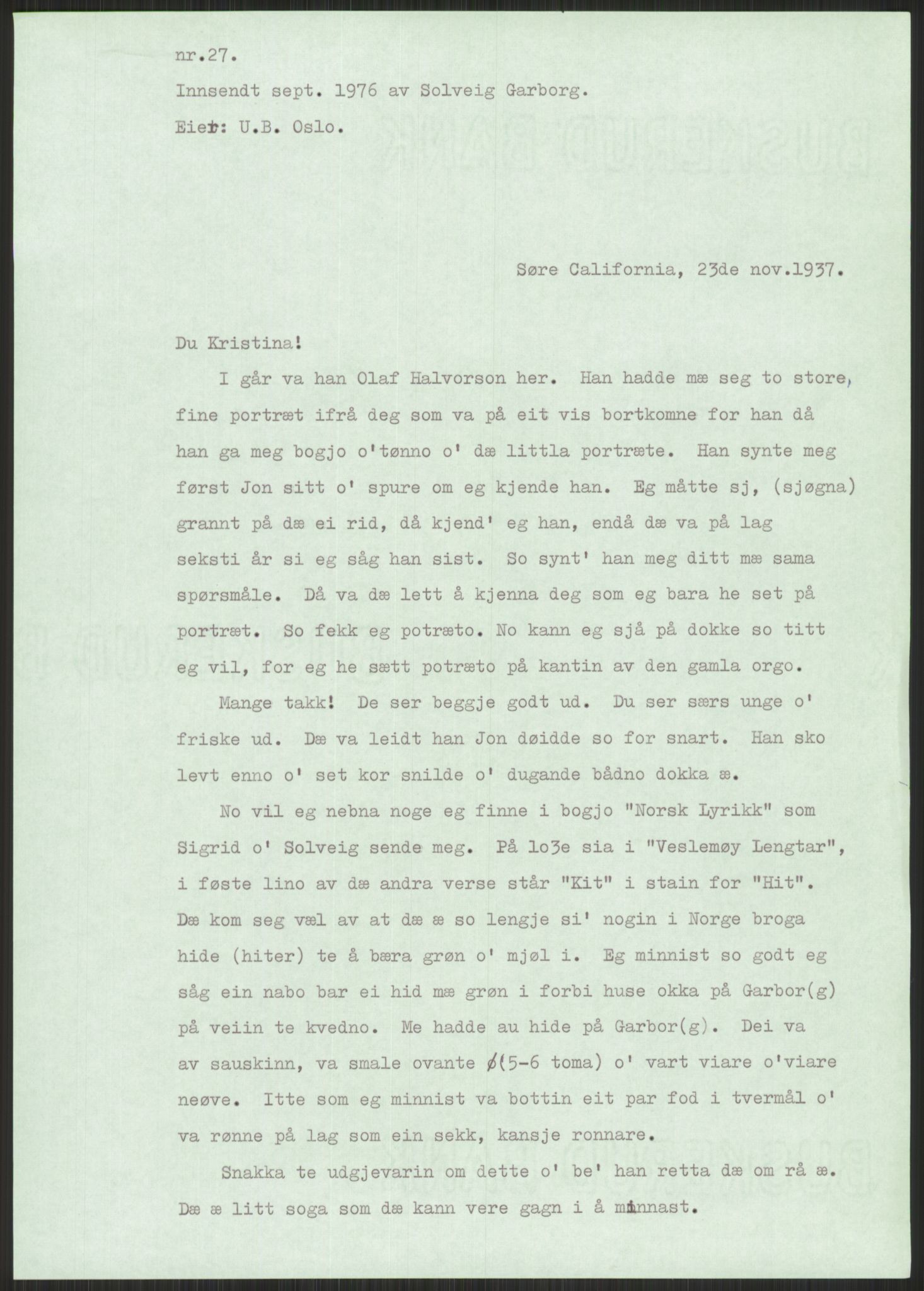 Samlinger til kildeutgivelse, Amerikabrevene, AV/RA-EA-4057/F/L0001: Innlån av ukjent proveniens. Innlån fra Østfold. Innlån fra Oslo: Bratvold - Garborgbrevene II, 1838-1914, p. 609