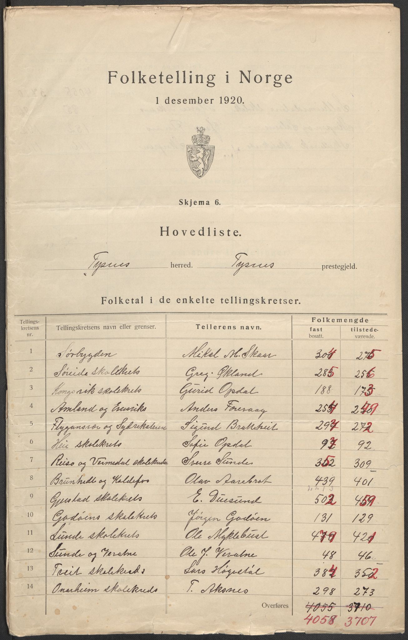 SAB, 1920 census for Tysnes, 1920, p. 2