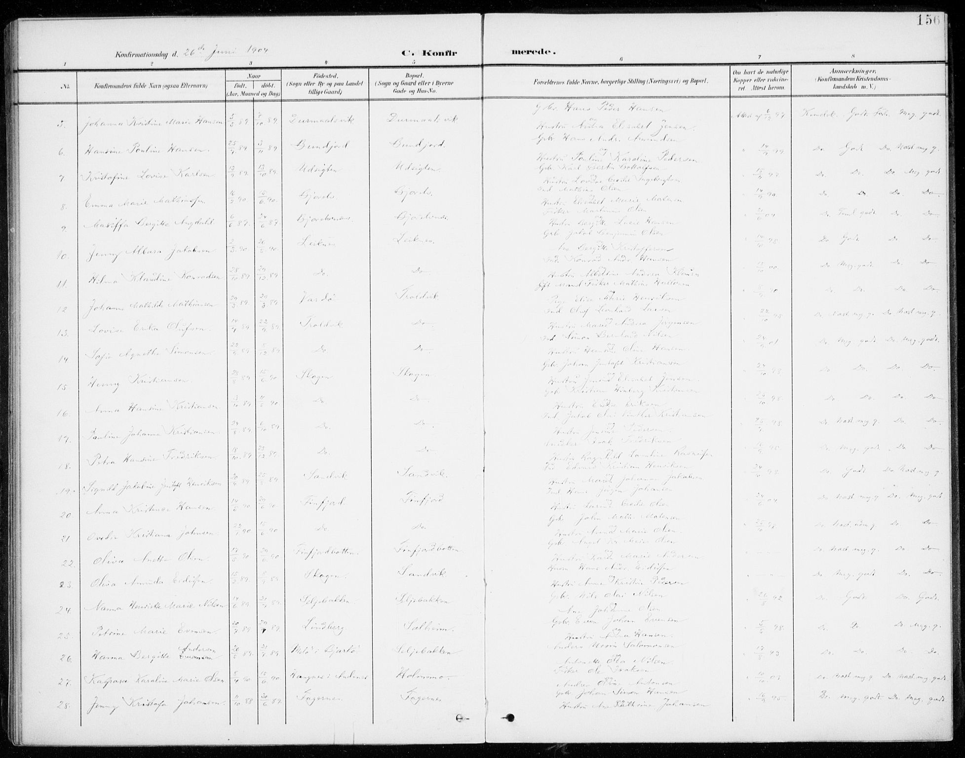 Lenvik sokneprestembete, AV/SATØ-S-1310/H/Ha/Haa/L0014kirke: Parish register (official) no. 14, 1899-1909, p. 156