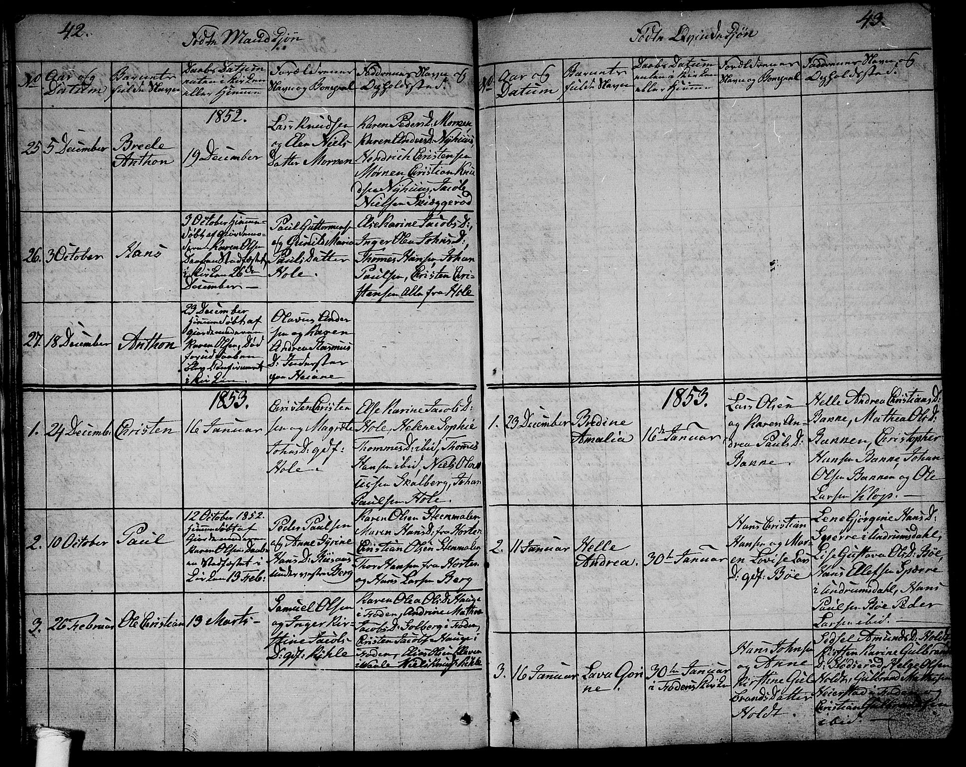 Ramnes kirkebøker, SAKO/A-314/G/Ga/L0002: Parish register (copy) no. I 2, 1848-1870, p. 42-43