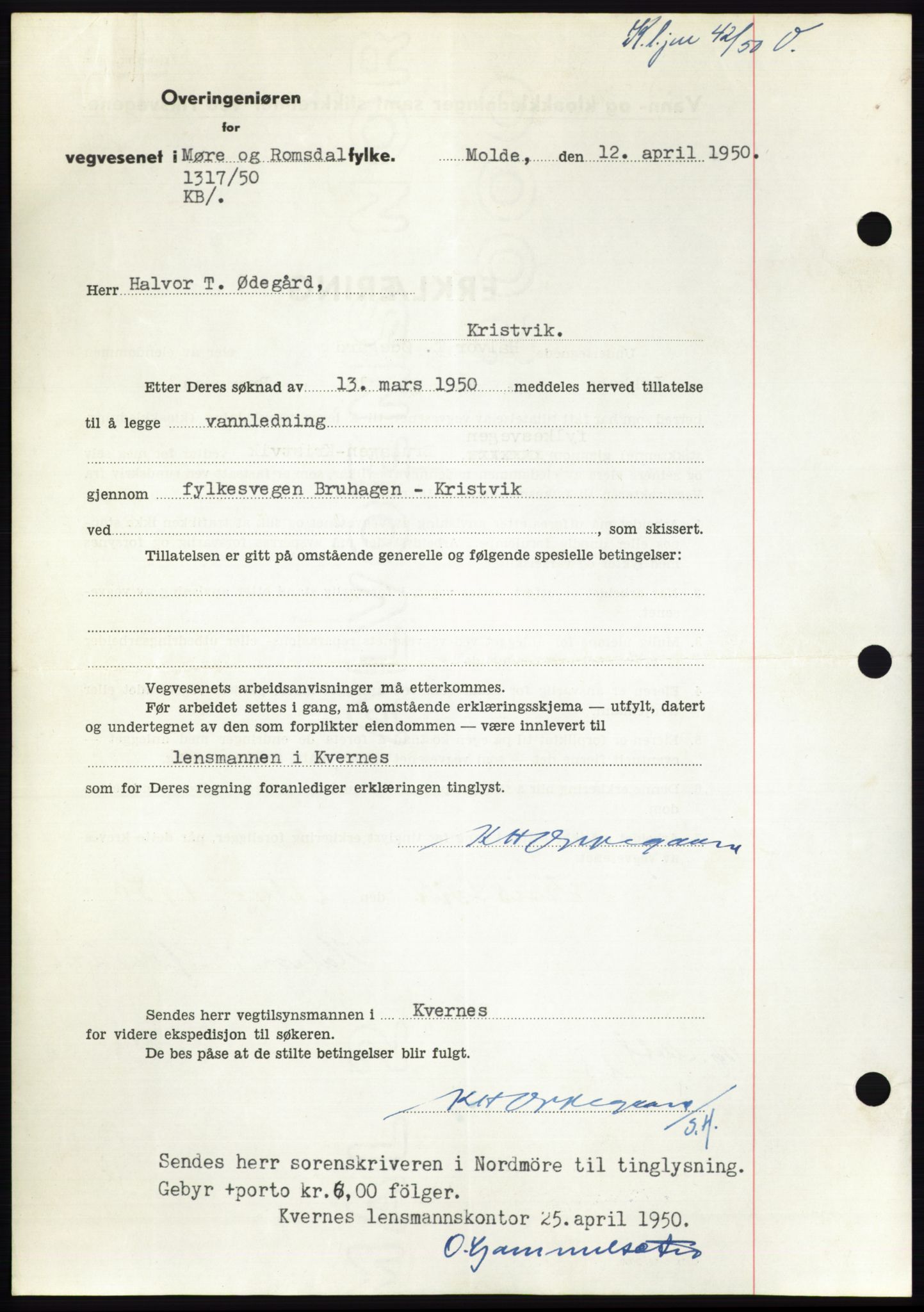 Nordmøre sorenskriveri, AV/SAT-A-4132/1/2/2Ca: Mortgage book no. B104, 1950-1950, Diary no: : 1271/1950