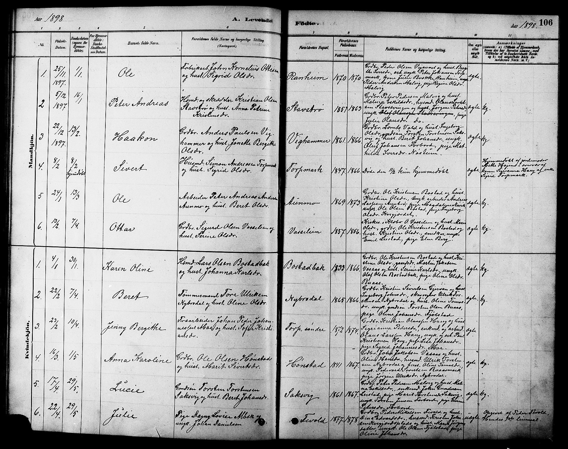 Ministerialprotokoller, klokkerbøker og fødselsregistre - Sør-Trøndelag, SAT/A-1456/616/L0423: Parish register (copy) no. 616C06, 1878-1903, p. 106
