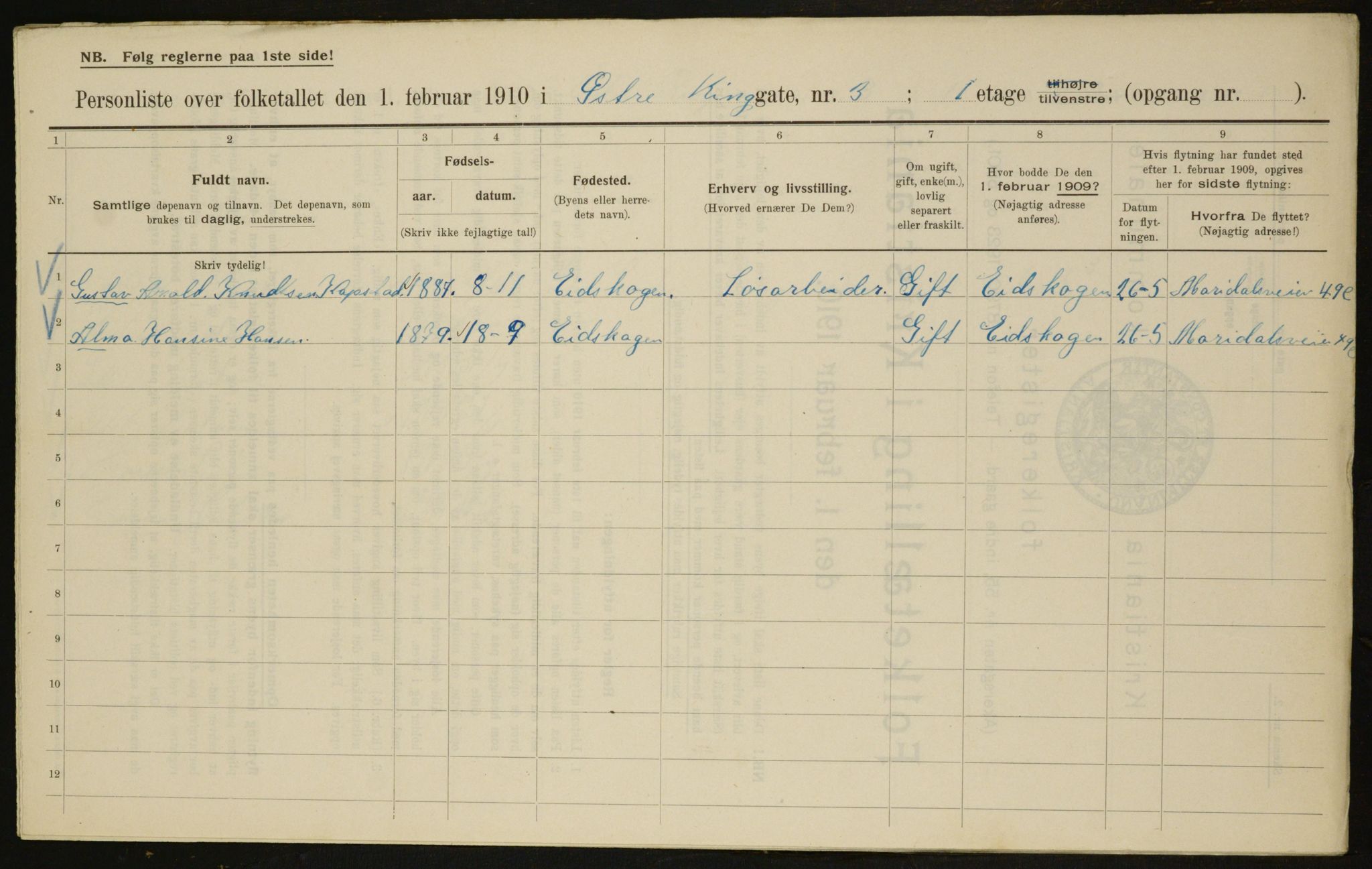 OBA, Municipal Census 1910 for Kristiania, 1910, p. 122715