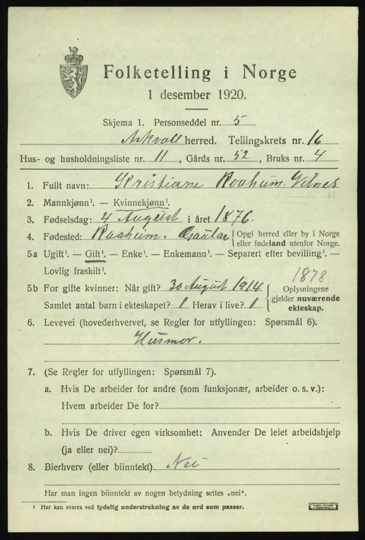 SAB, 1920 census for Askvoll, 1920, p. 6094