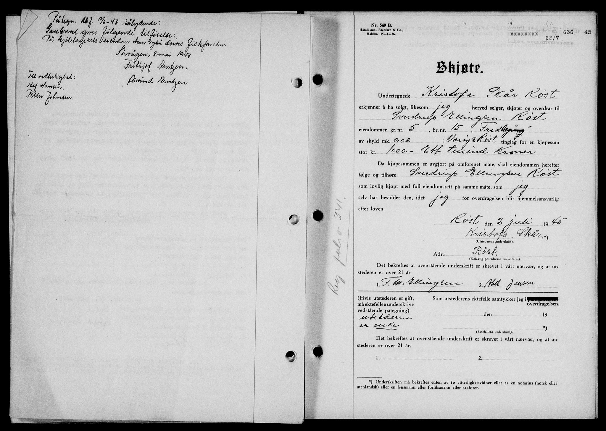 Lofoten sorenskriveri, SAT/A-0017/1/2/2C/L0013a: Mortgage book no. 13a, 1944-1946, Diary no: : 636/1945