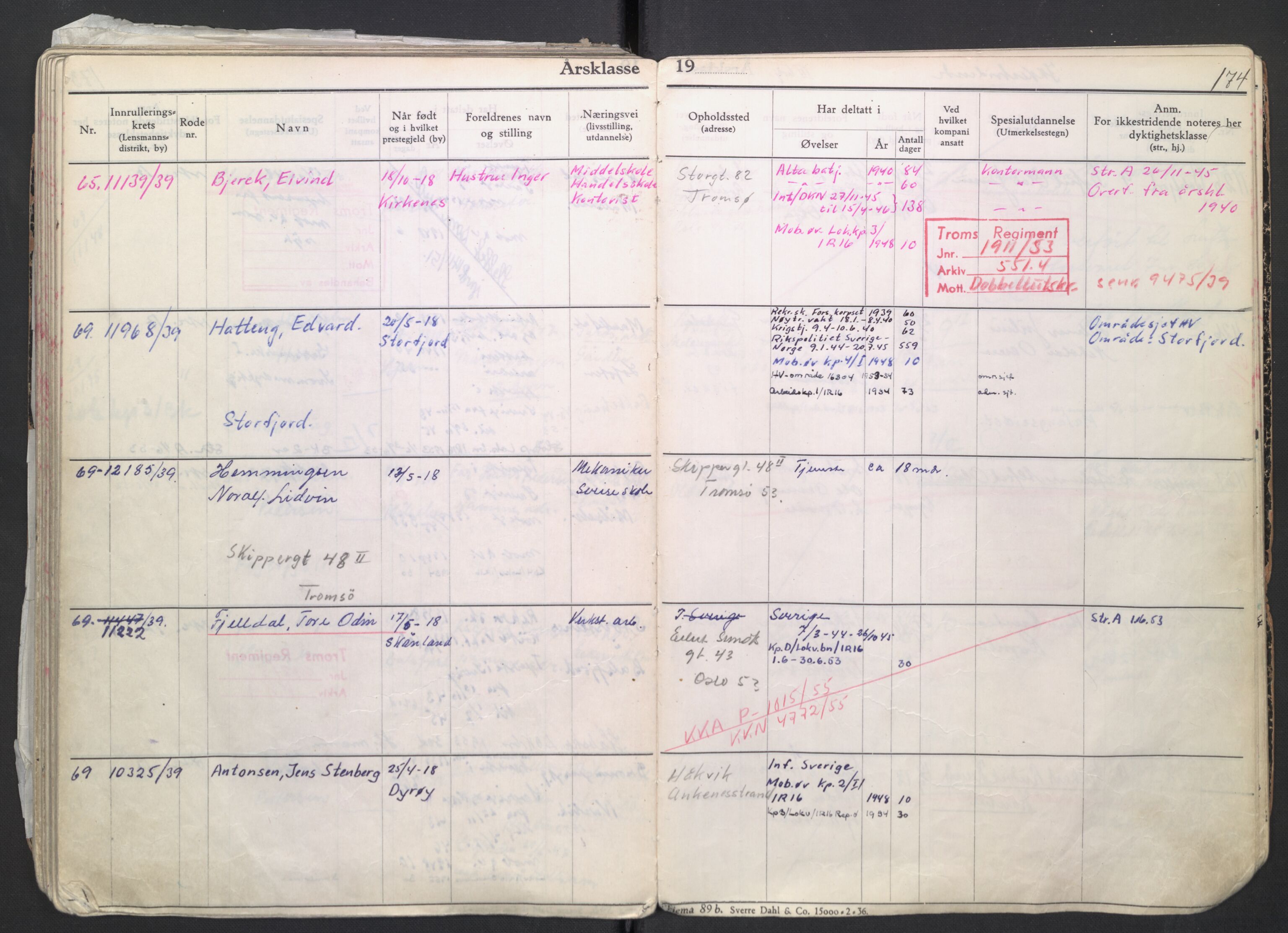 Forsvaret, Troms infanteriregiment nr. 16, AV/RA-RAFA-3146/P/Pa/L0007/0004: Ruller / Rulle for regimentets menige mannskaper, årsklasse 1939, 1939, p. 174