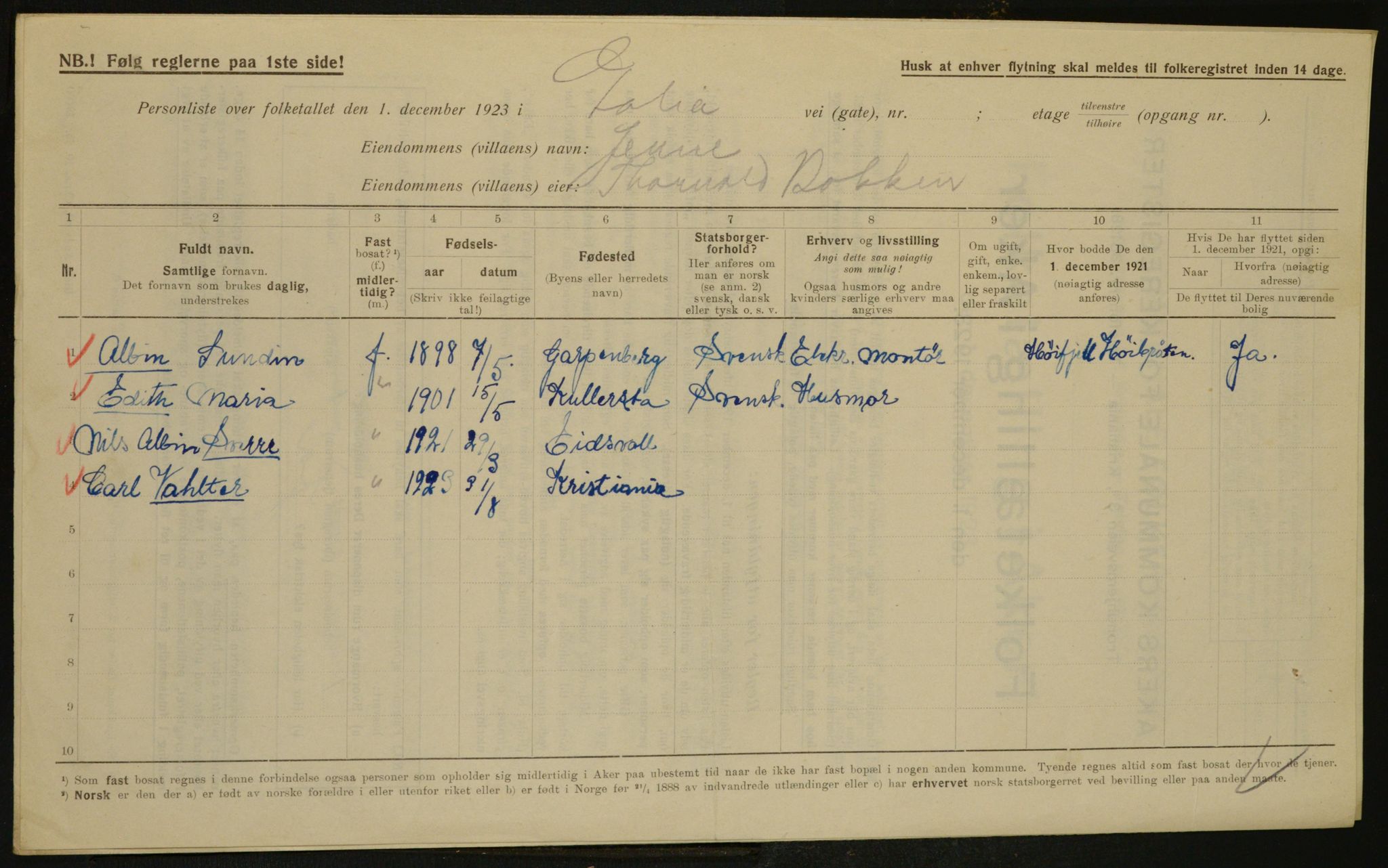 , Municipal Census 1923 for Aker, 1923, p. 30906