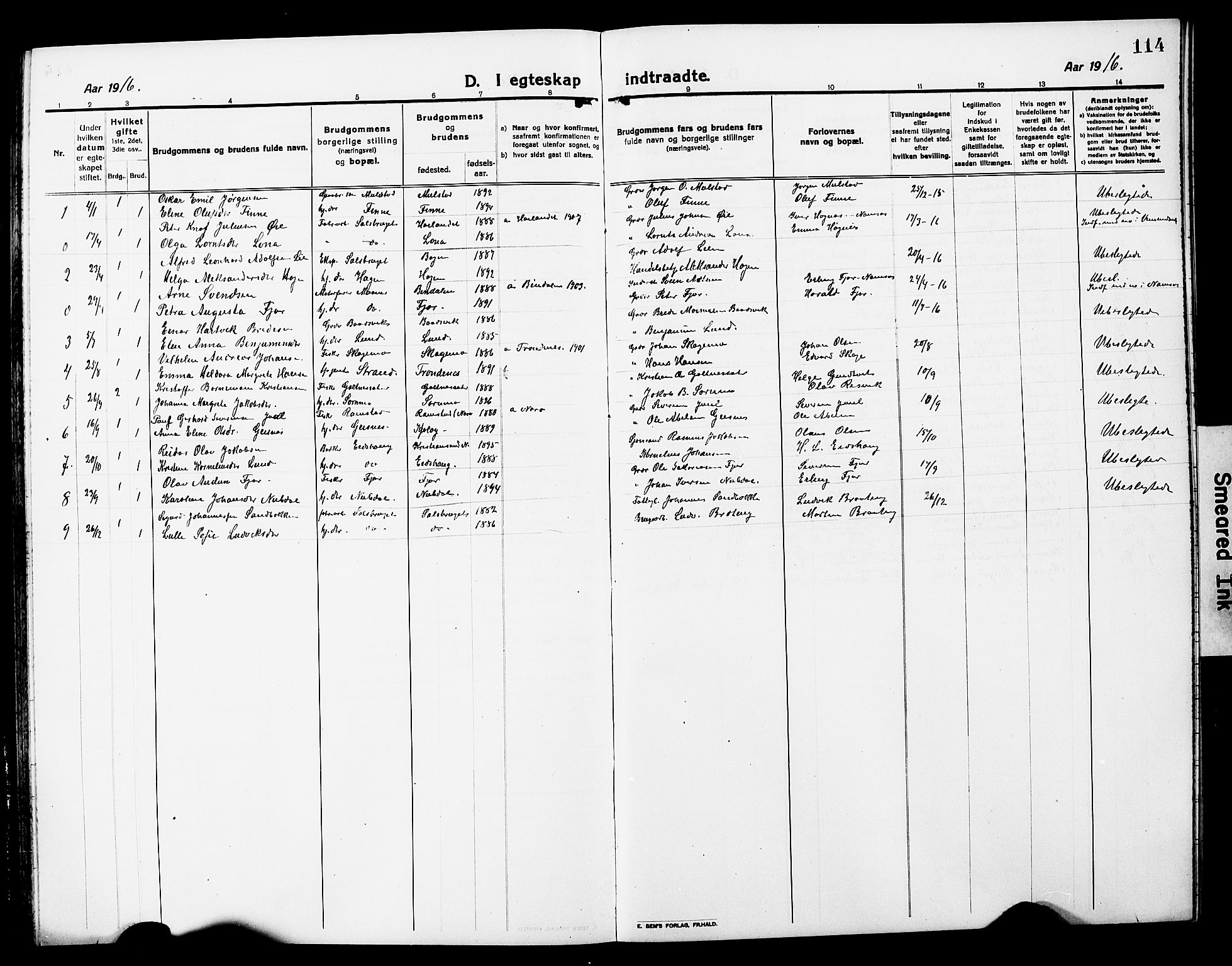 Ministerialprotokoller, klokkerbøker og fødselsregistre - Nord-Trøndelag, SAT/A-1458/780/L0653: Parish register (copy) no. 780C05, 1911-1927, p. 114