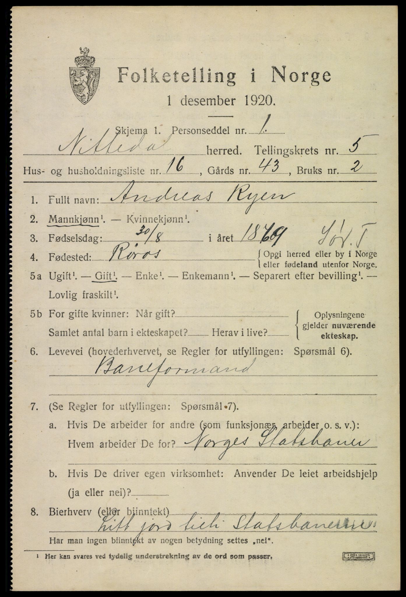 SAO, 1920 census for Nittedal, 1920, p. 6636