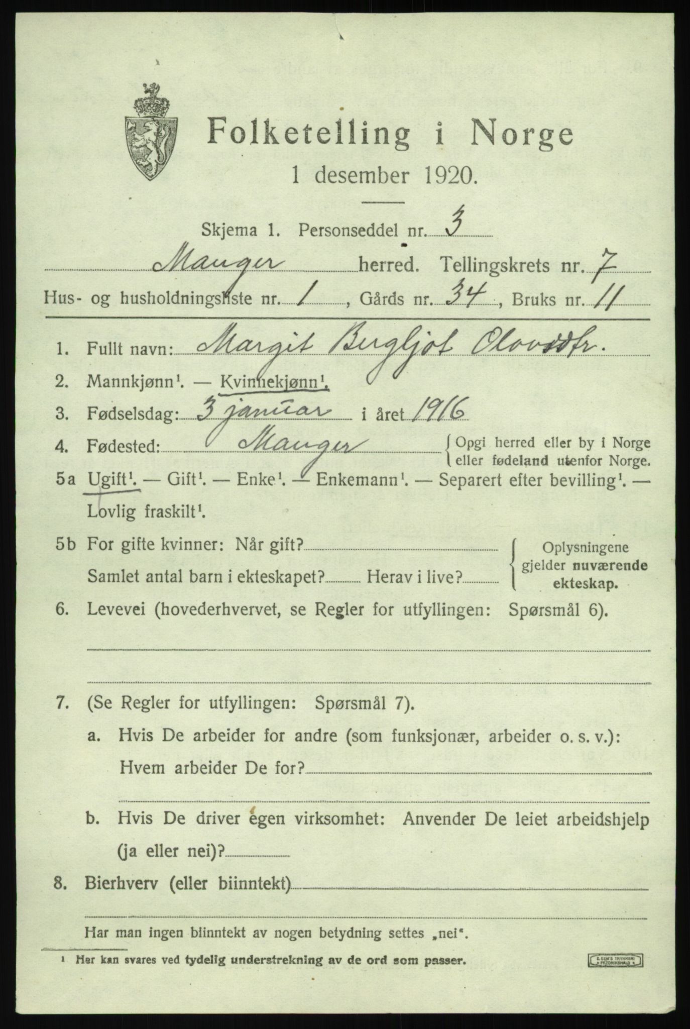 SAB, 1920 census for Manger, 1920, p. 4307