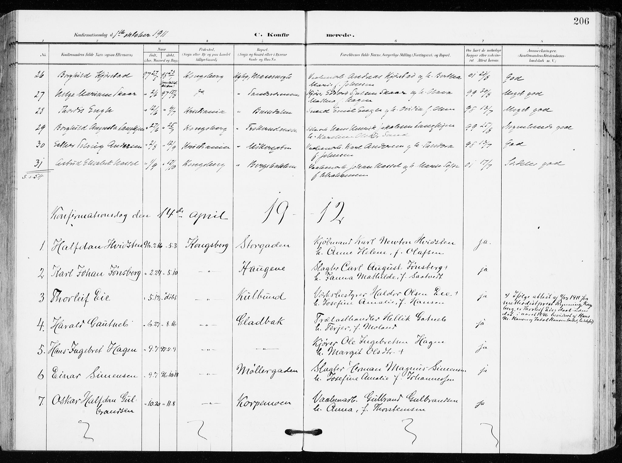 Kongsberg kirkebøker, SAKO/A-22/F/Fb/L0004: Parish register (official) no. II 4, 1906-1918, p. 206