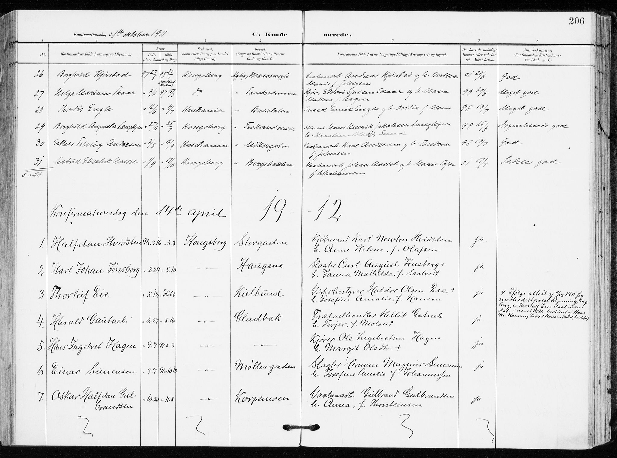 Kongsberg kirkebøker, AV/SAKO-A-22/F/Fb/L0004: Parish register (official) no. II 4, 1906-1918, p. 206