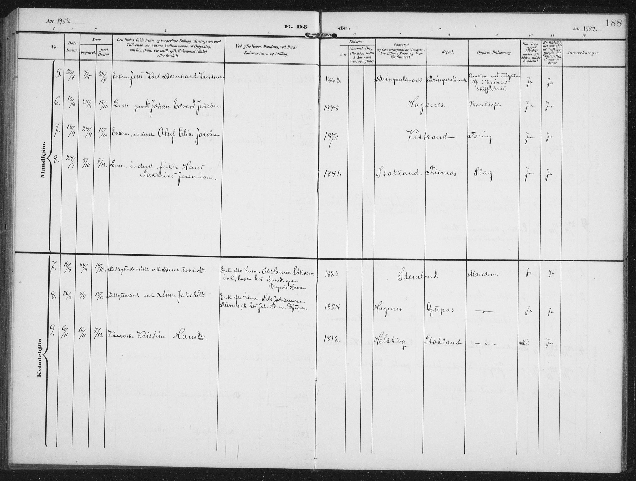 Ministerialprotokoller, klokkerbøker og fødselsregistre - Nordland, AV/SAT-A-1459/851/L0726: Parish register (copy) no. 851C01, 1902-1924, p. 188