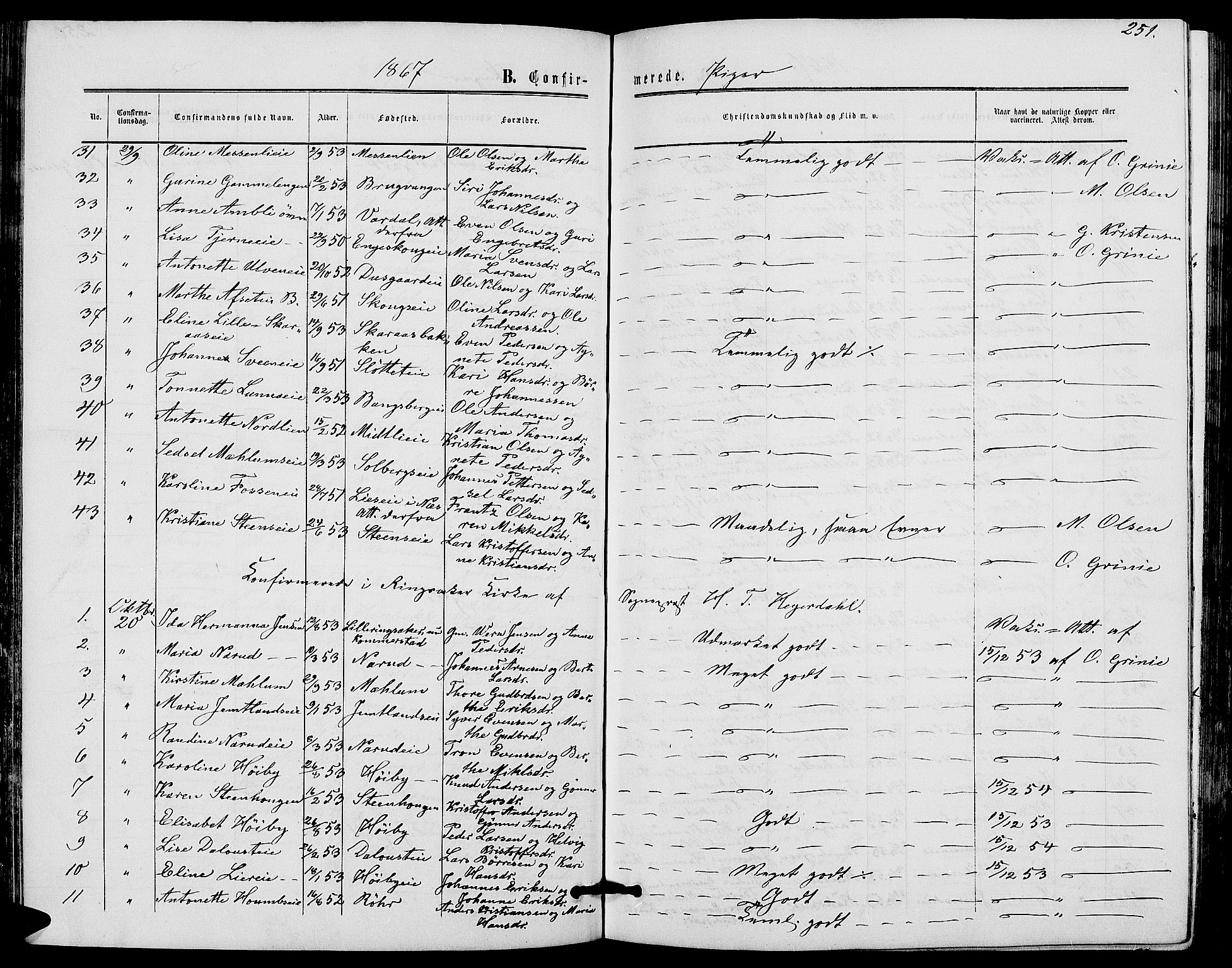 Ringsaker prestekontor, AV/SAH-PREST-014/L/La/L0007: Parish register (copy) no. 7, 1861-1869, p. 251