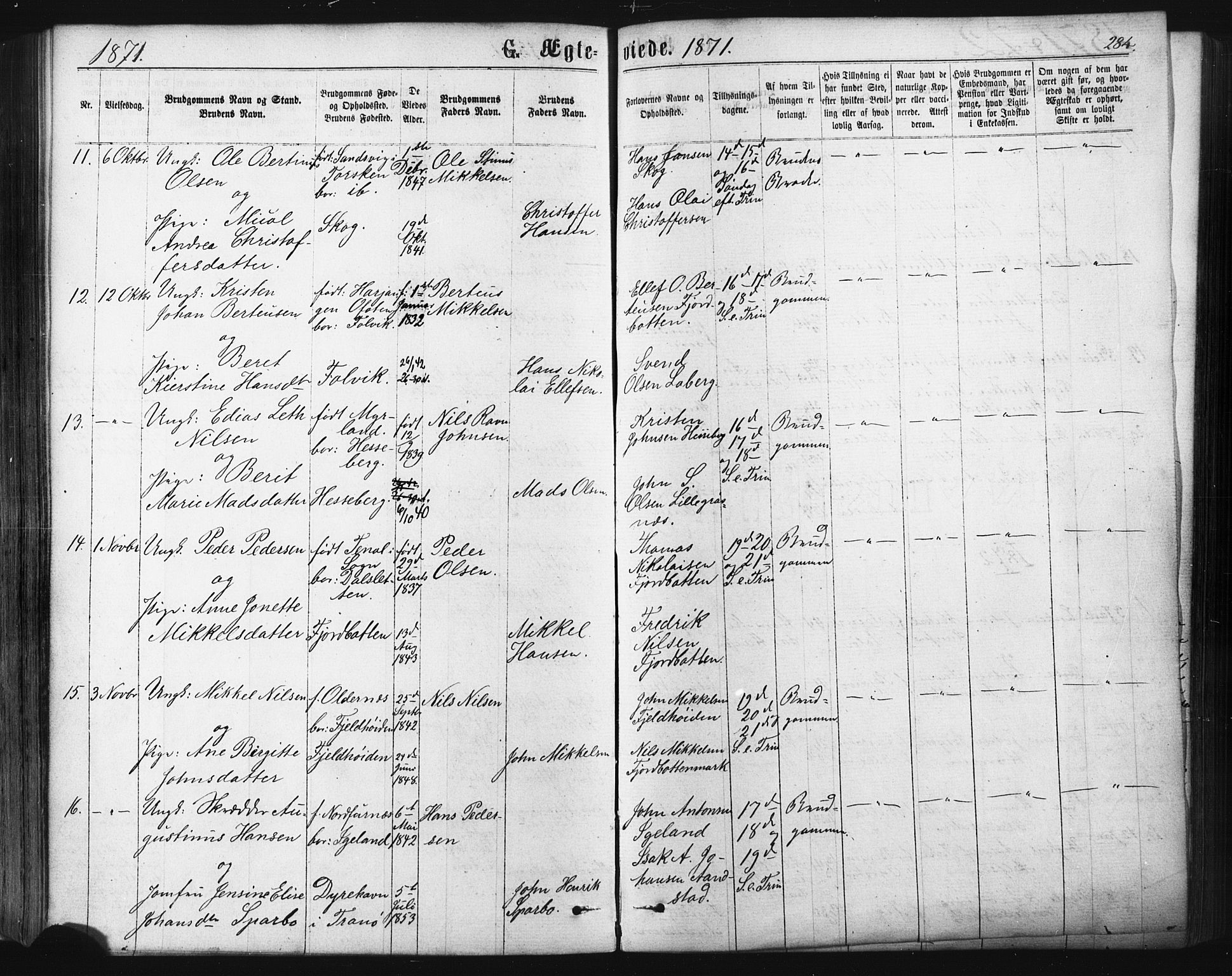 Ibestad sokneprestembete, SATØ/S-0077/H/Ha/Haa/L0010kirke: Parish register (official) no. 10, 1869-1879, p. 284