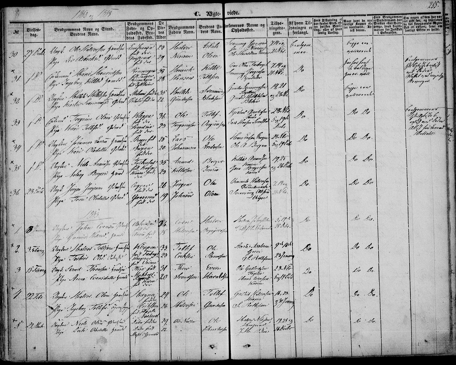 Bø kirkebøker, AV/SAKO-A-257/F/Fa/L0008: Parish register (official) no. 8, 1849-1861, p. 255