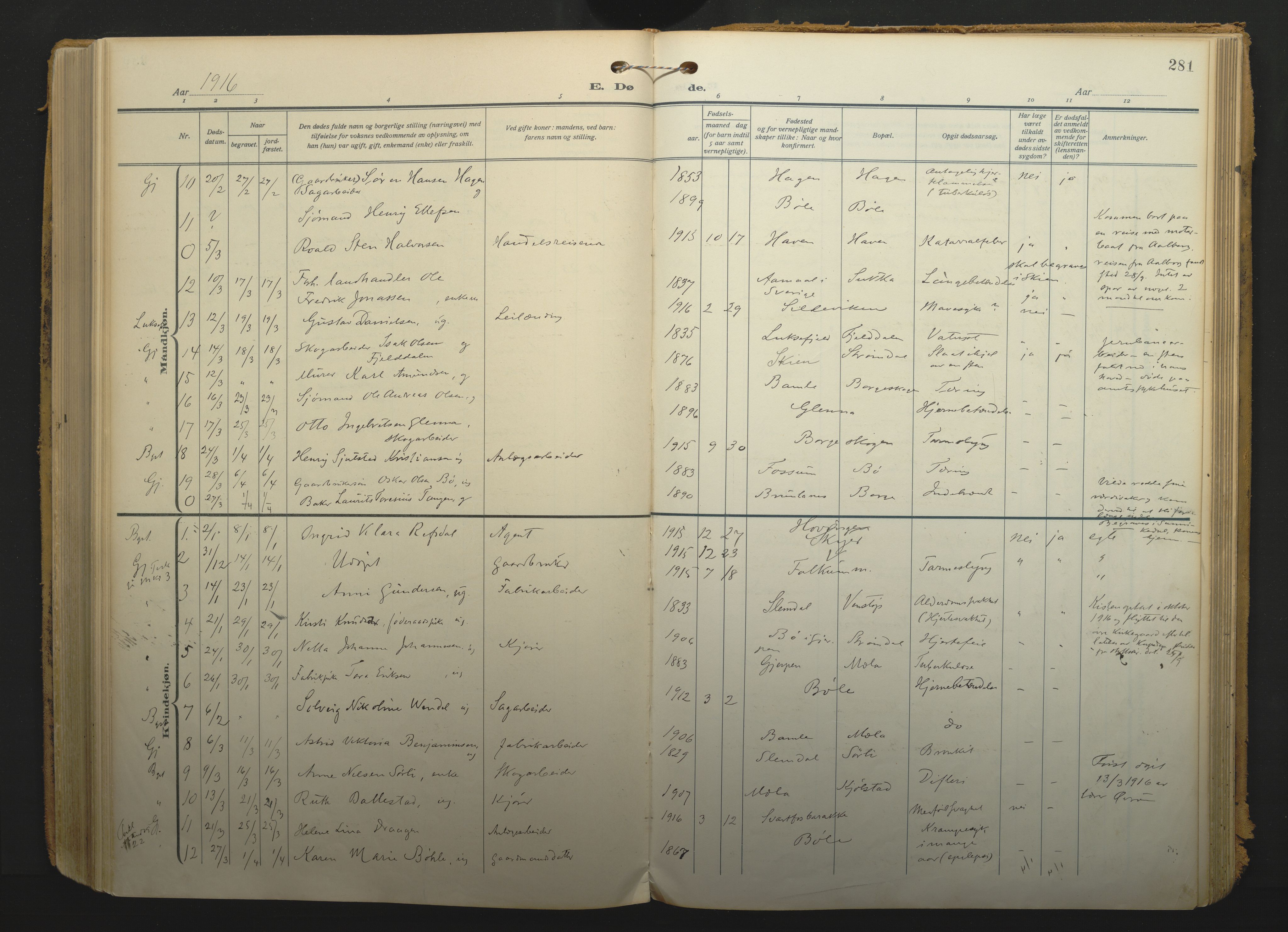Gjerpen kirkebøker, SAKO/A-265/F/Fa/L0013: Parish register (official) no. I 13, 1914-1924, p. 281