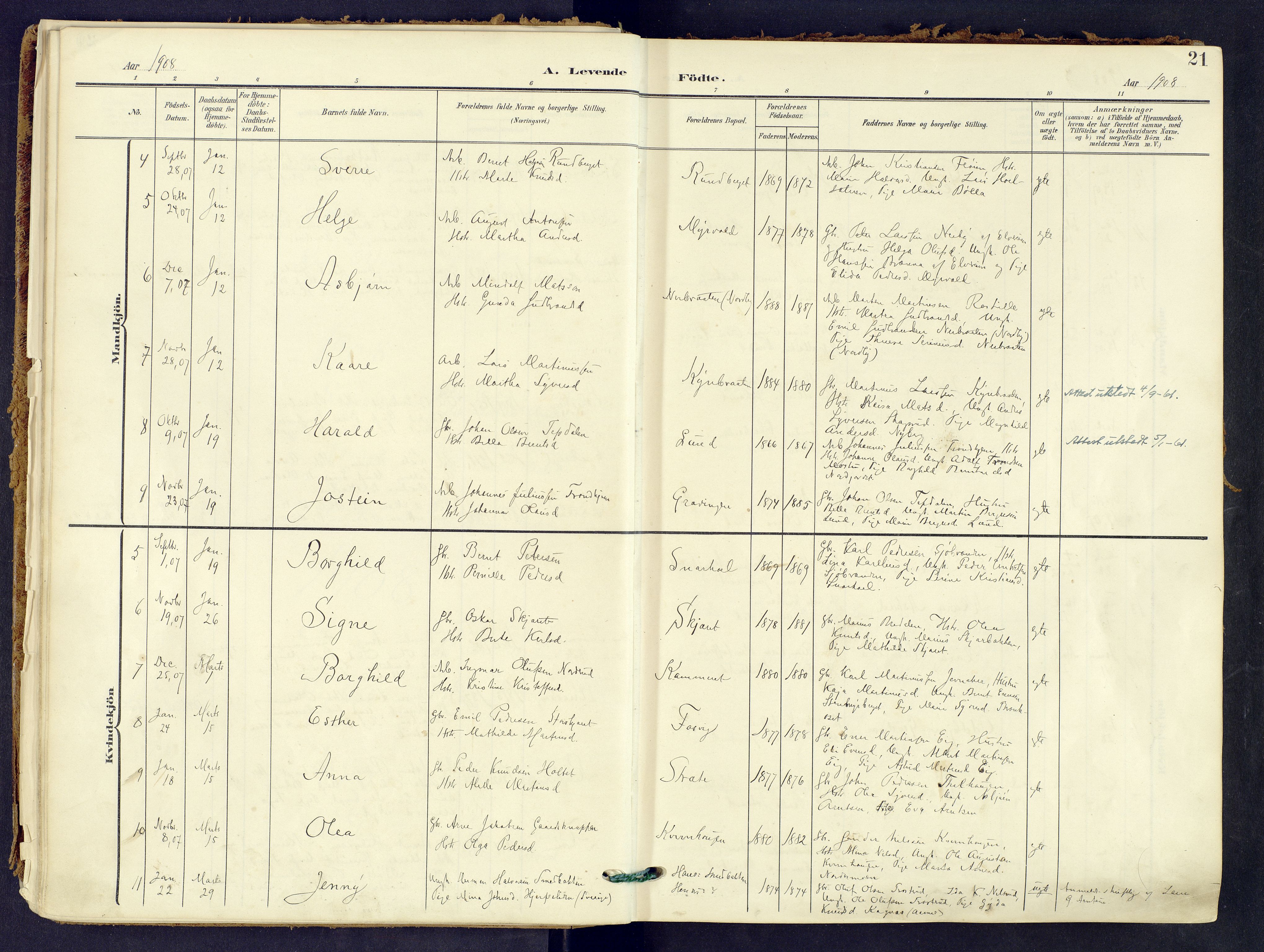 Våler prestekontor, Hedmark, AV/SAH-PREST-040/H/Ha/Haa/L0008: Parish register (official) no. 8, 1905-1921, p. 21