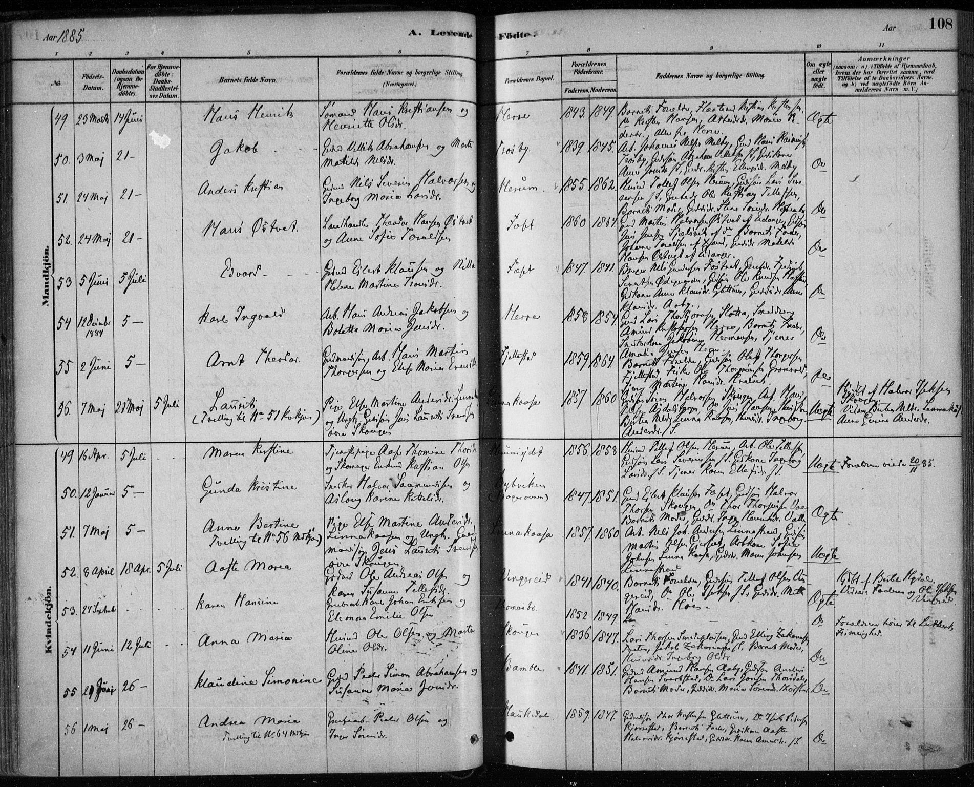 Bamble kirkebøker, SAKO/A-253/F/Fa/L0007: Parish register (official) no. I 7, 1878-1888, p. 108