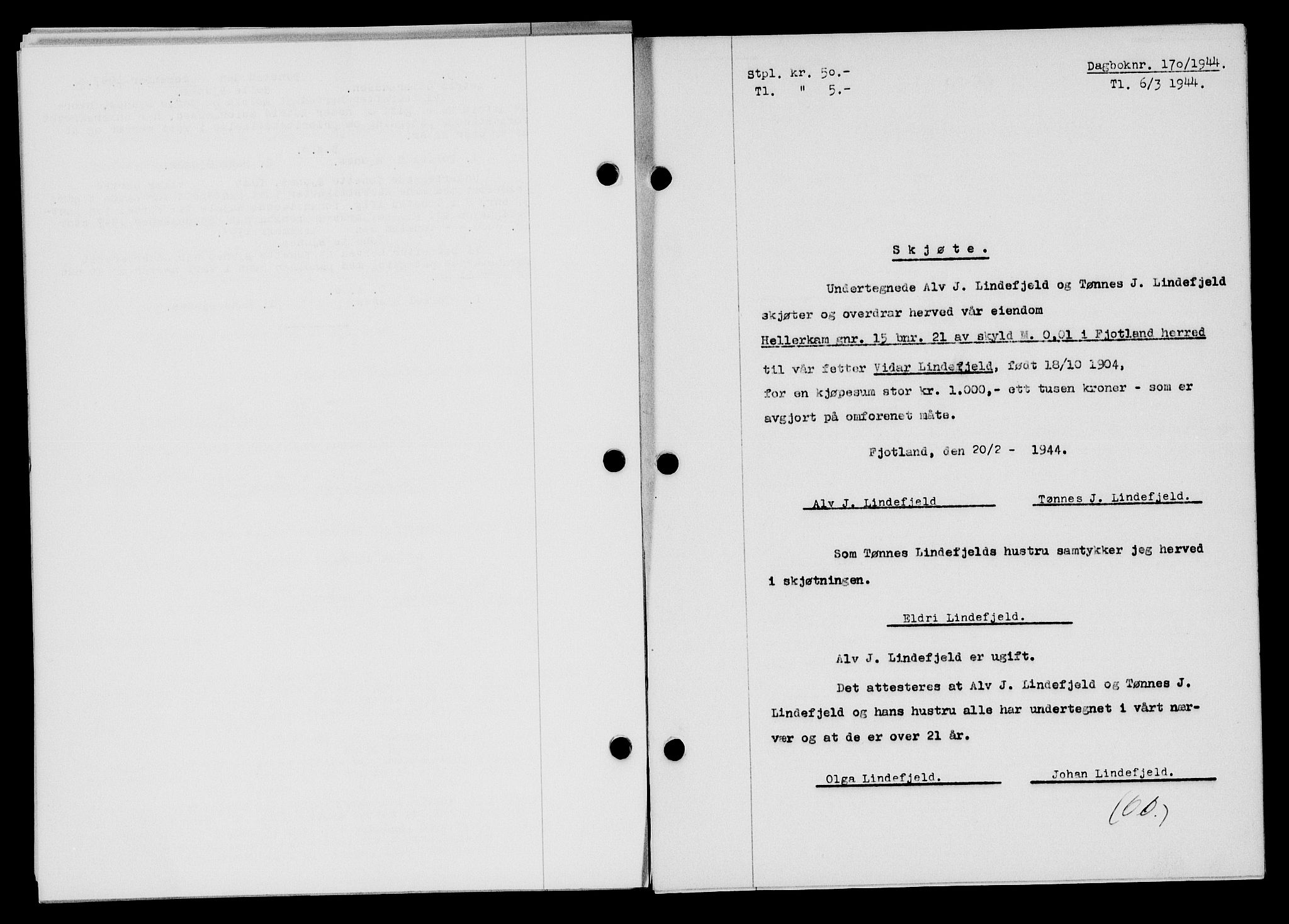 Flekkefjord sorenskriveri, SAK/1221-0001/G/Gb/Gba/L0059: Mortgage book no. A-7, 1944-1945, Diary no: : 170/1944