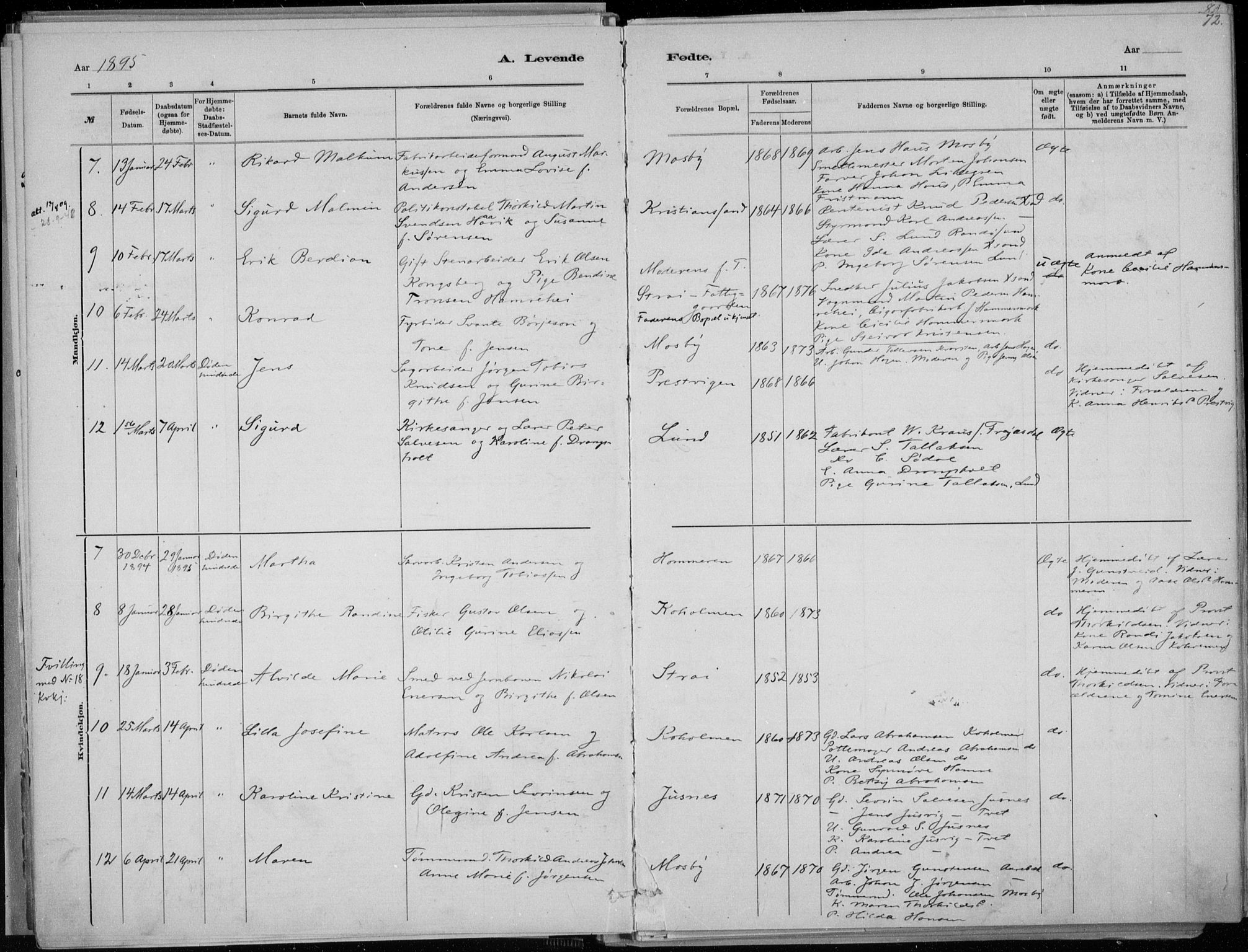Oddernes sokneprestkontor, SAK/1111-0033/F/Fa/Faa/L0009: Parish register (official) no. A 9, 1884-1896, p. 72