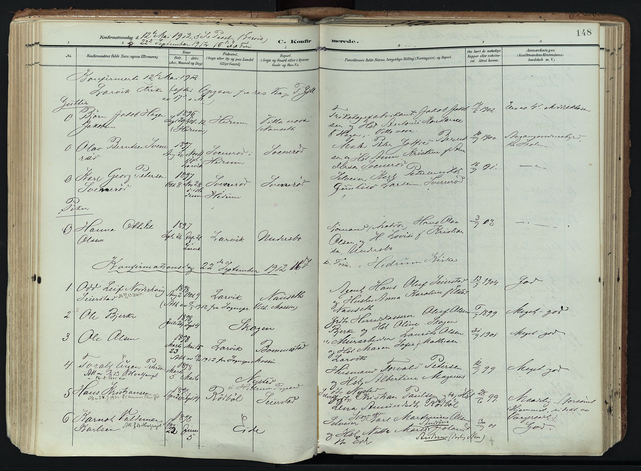 Hedrum kirkebøker, AV/SAKO-A-344/F/Fa/L0010: Parish register (official) no. I 10, 1904-1918, p. 148