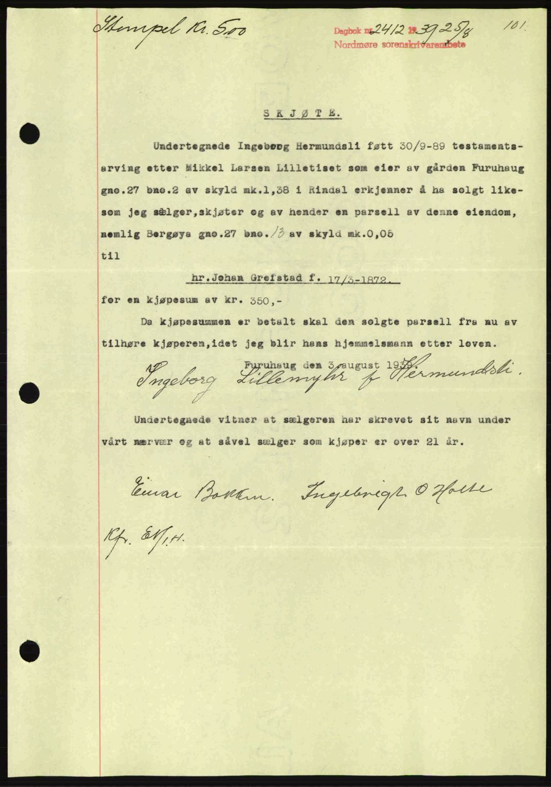 Nordmøre sorenskriveri, AV/SAT-A-4132/1/2/2Ca: Mortgage book no. A87, 1939-1940, Diary no: : 2412/1939