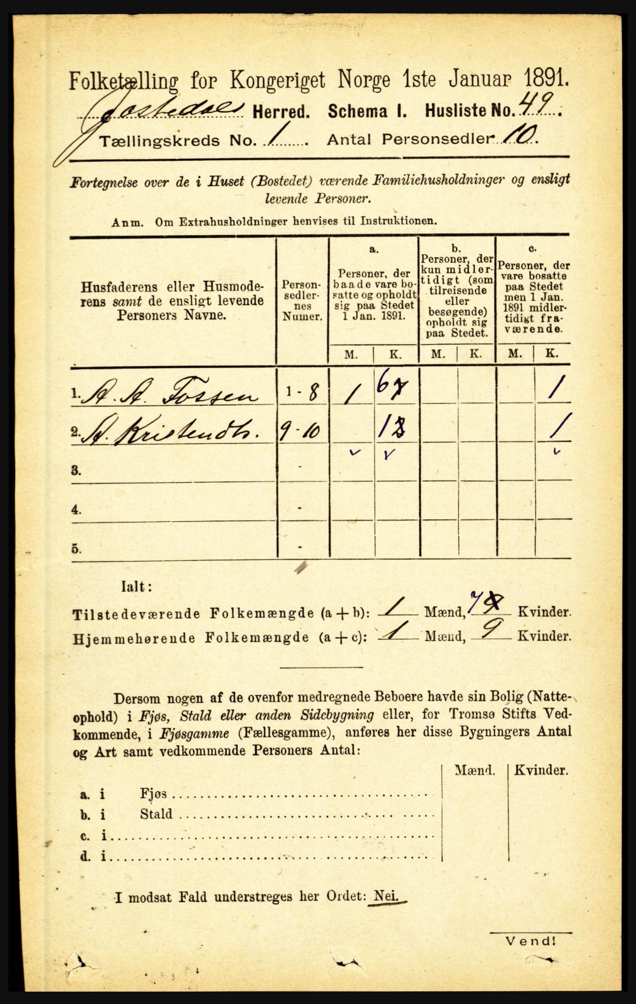 RA, 1891 census for 1427 Jostedal, 1891, p. 62