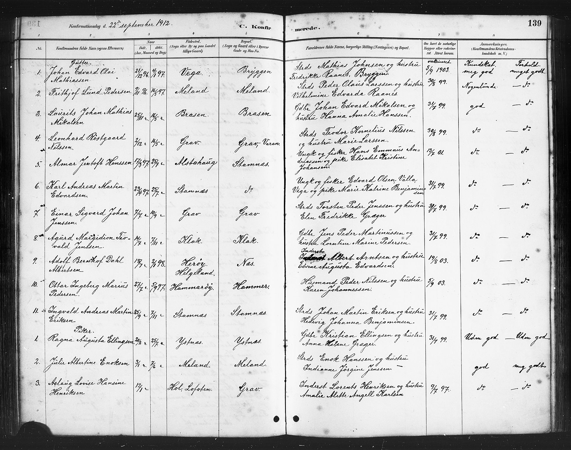 Ministerialprotokoller, klokkerbøker og fødselsregistre - Nordland, AV/SAT-A-1459/808/L0131: Parish register (copy) no. 808C02, 1879-1919, p. 139