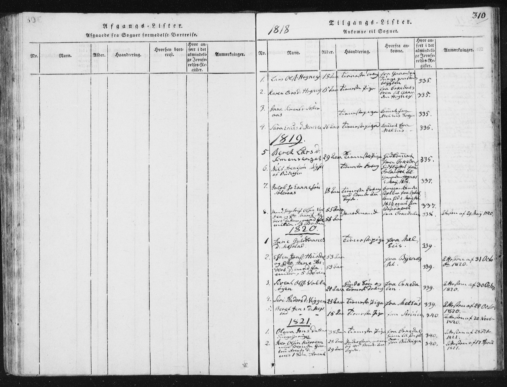 Ministerialprotokoller, klokkerbøker og fødselsregistre - Sør-Trøndelag, SAT/A-1456/665/L0770: Parish register (official) no. 665A05, 1817-1829, p. 310