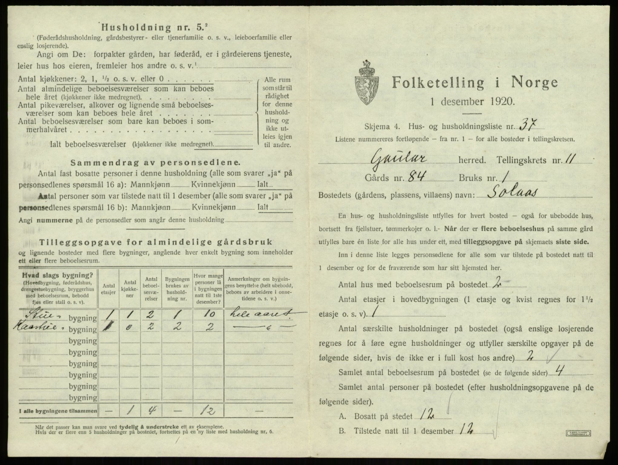 SAB, 1920 census for Gaular, 1920, p. 886