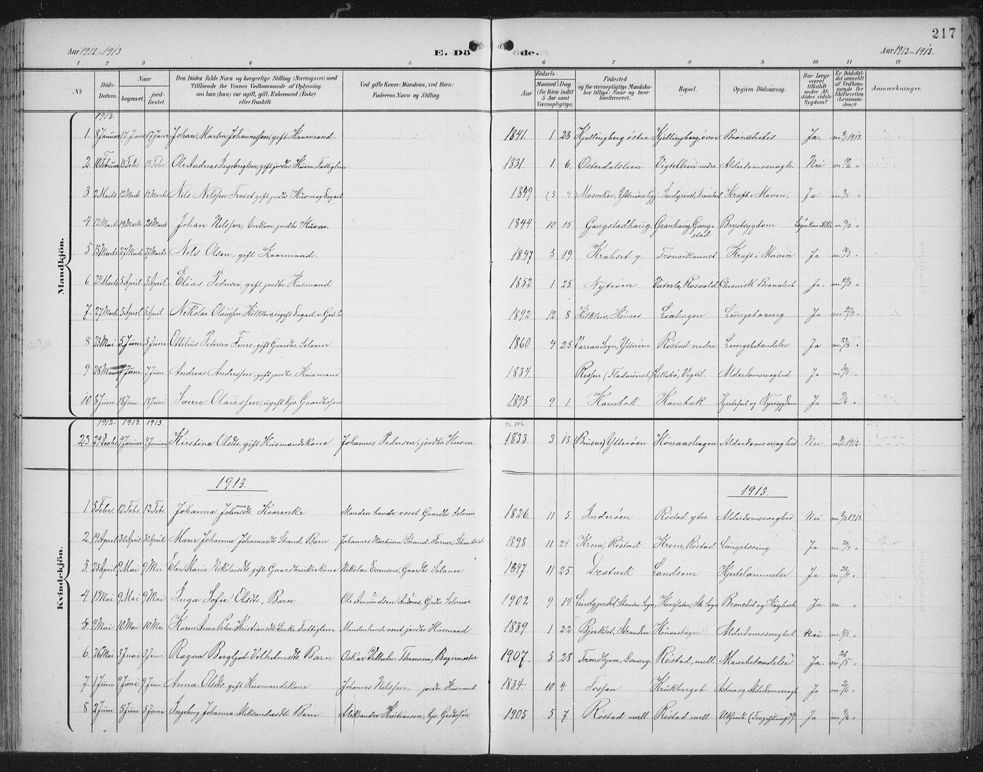 Ministerialprotokoller, klokkerbøker og fødselsregistre - Nord-Trøndelag, SAT/A-1458/701/L0011: Parish register (official) no. 701A11, 1899-1915, p. 217