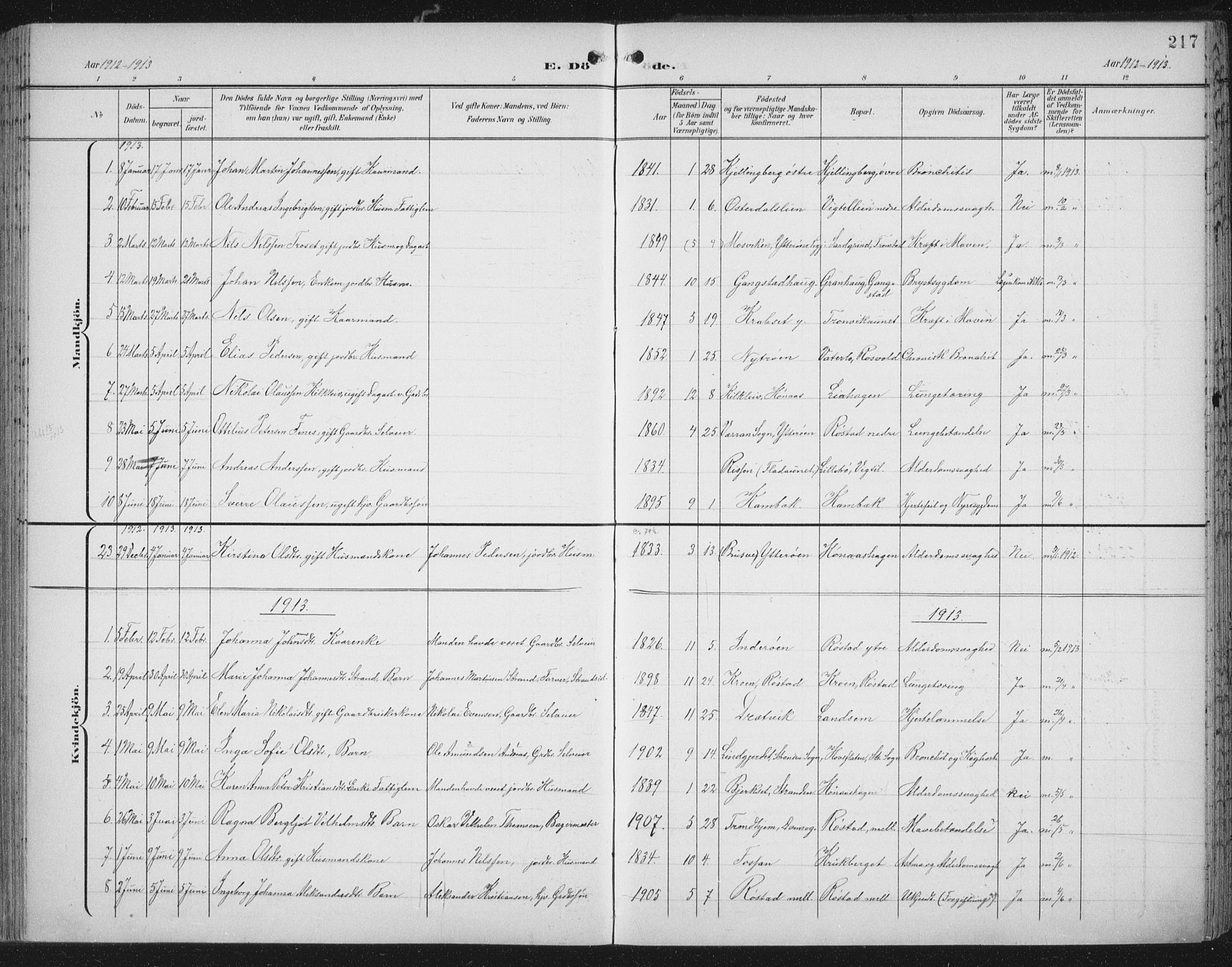 Ministerialprotokoller, klokkerbøker og fødselsregistre - Nord-Trøndelag, AV/SAT-A-1458/701/L0011: Parish register (official) no. 701A11, 1899-1915, p. 217