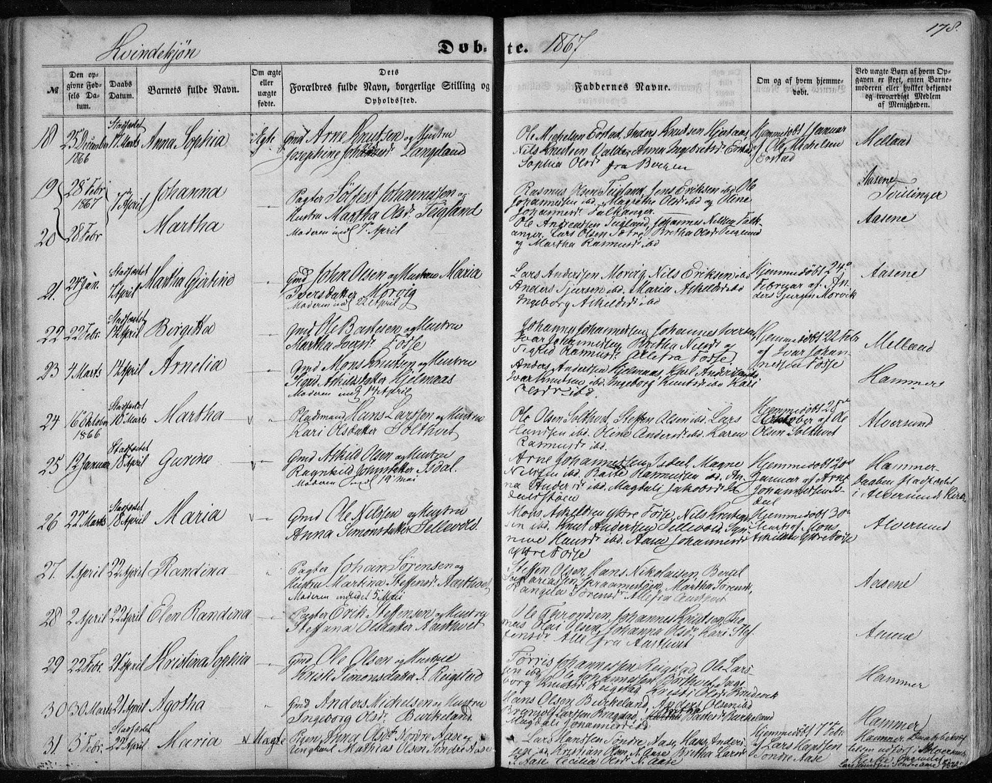 Hamre sokneprestembete, SAB/A-75501/H/Ha/Haa/Haaa/L0014: Parish register (official) no. A 14, 1858-1872, p. 178