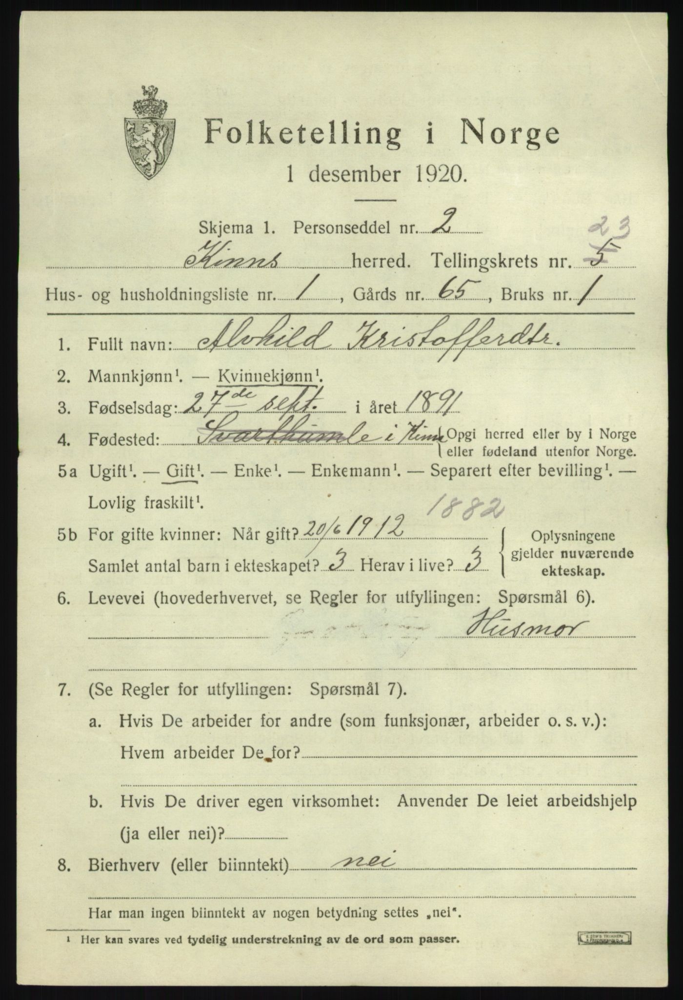 SAB, 1920 census for Kinn, 1920, p. 8167