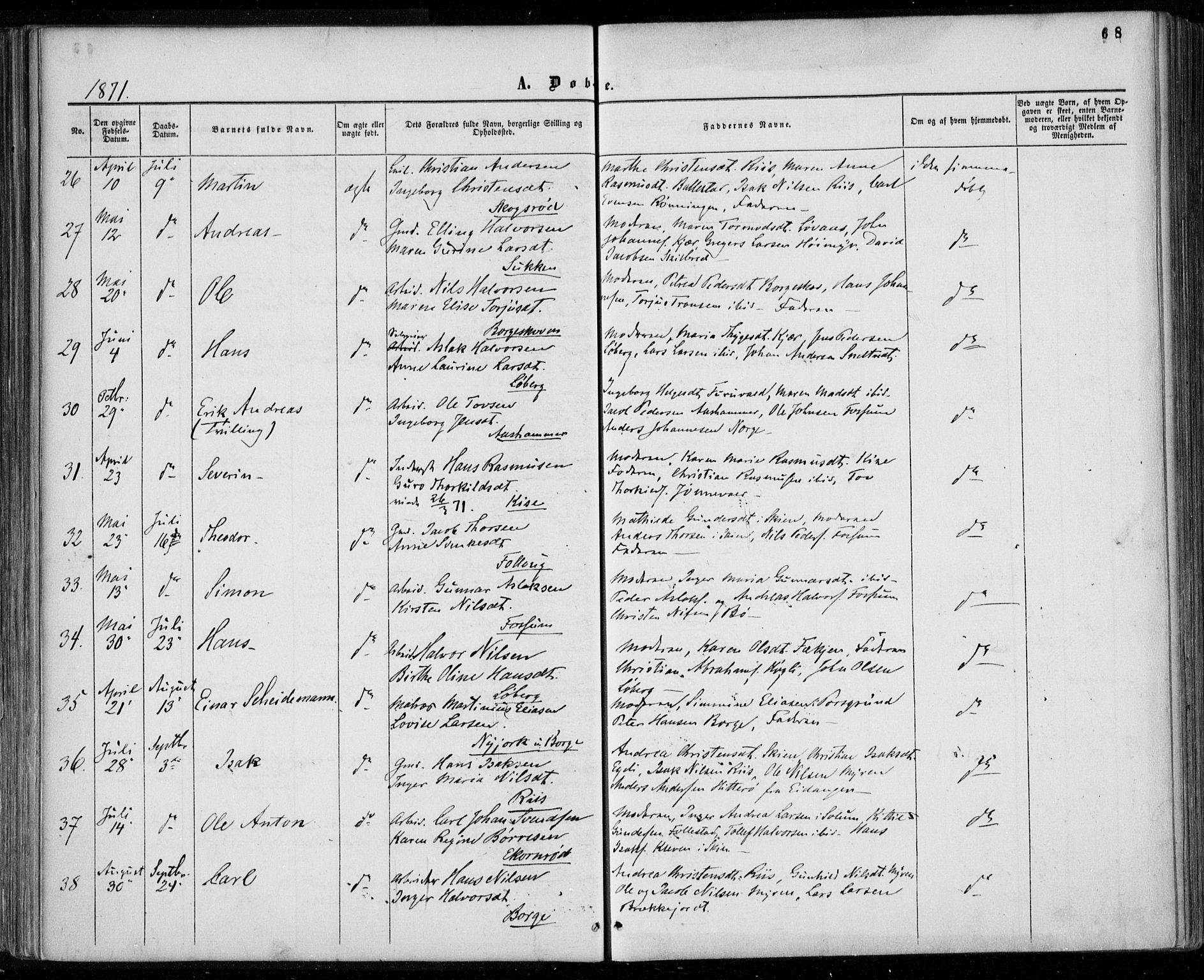 Gjerpen kirkebøker, AV/SAKO-A-265/F/Fa/L0008a: Parish register (official) no. I 8A, 1857-1871, p. 68