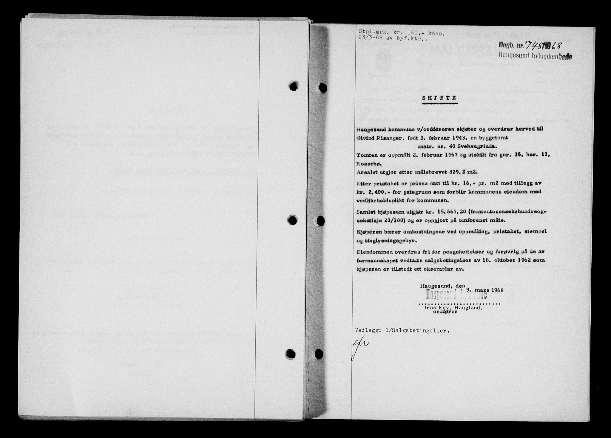 Haugesund tingrett, AV/SAST-A-101415/01/II/IIC/L0079: Mortgage book no. A 20, 1967-1968, Diary no: : 748/1968