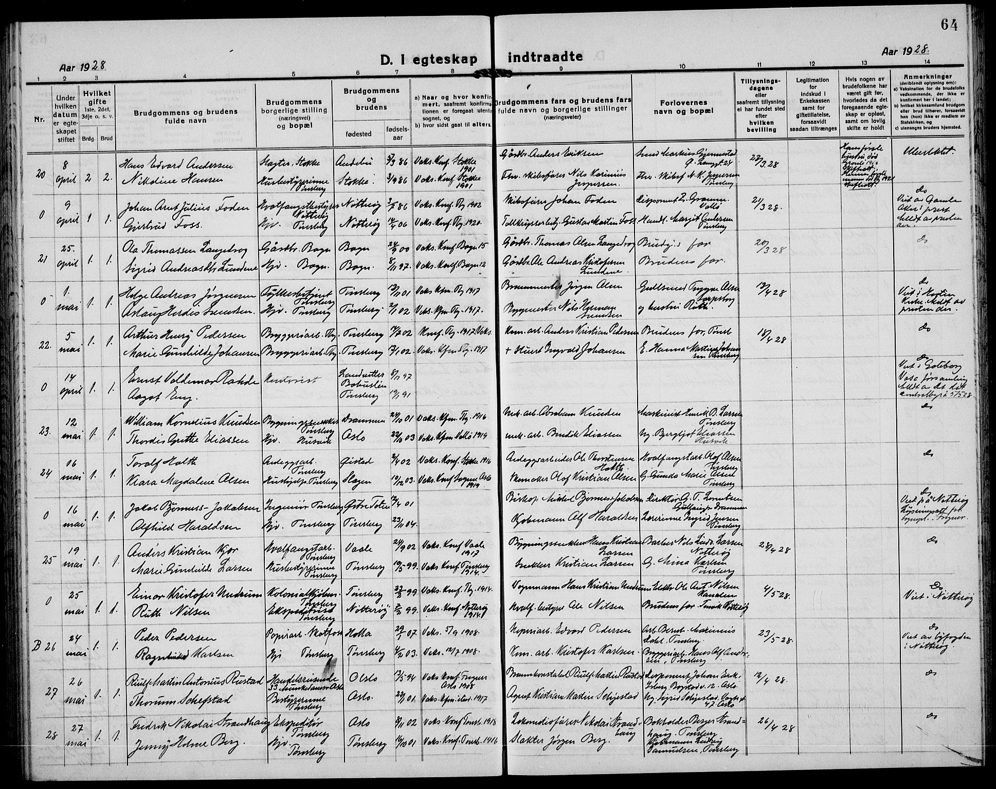 Tønsberg kirkebøker, AV/SAKO-A-330/G/Ga/L0016: Parish register (copy) no. 16, 1920-1933, p. 64